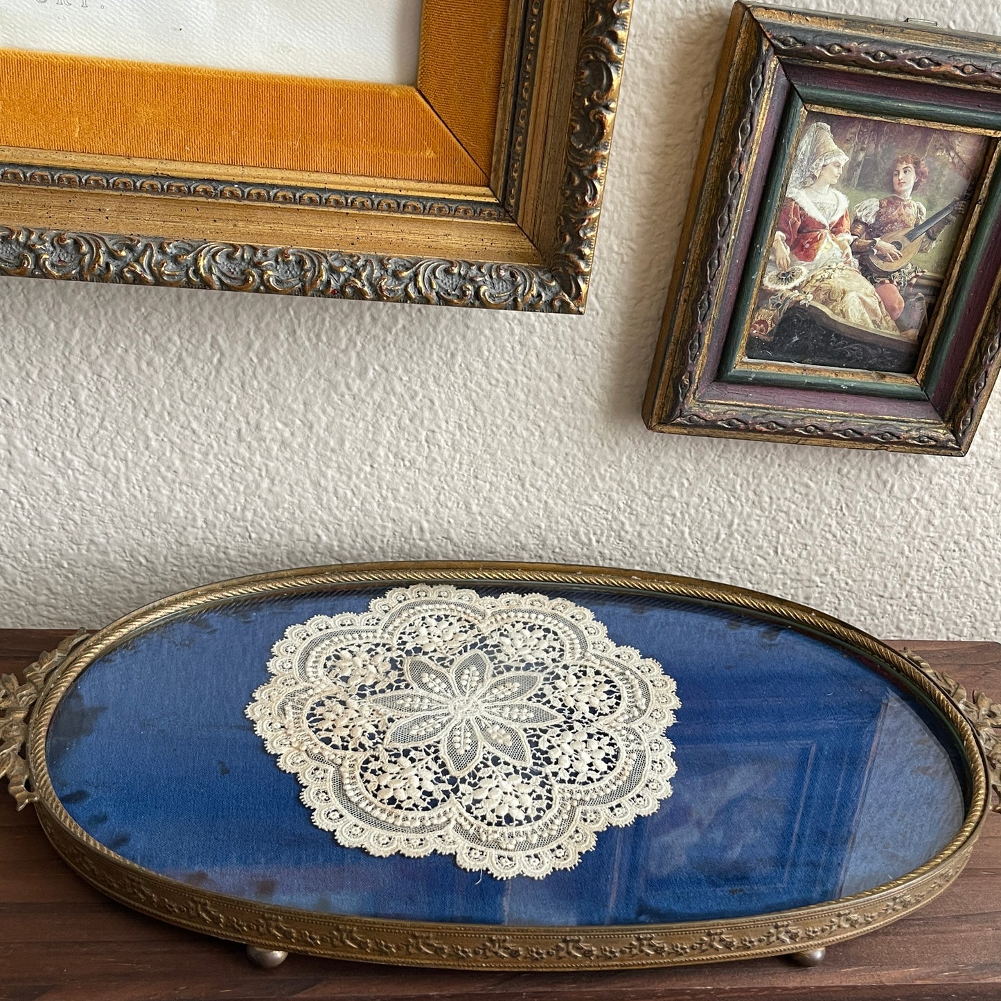 Vintage Antique Royal Blue velvet & Lace Footed Oval Dresser vanity Tray