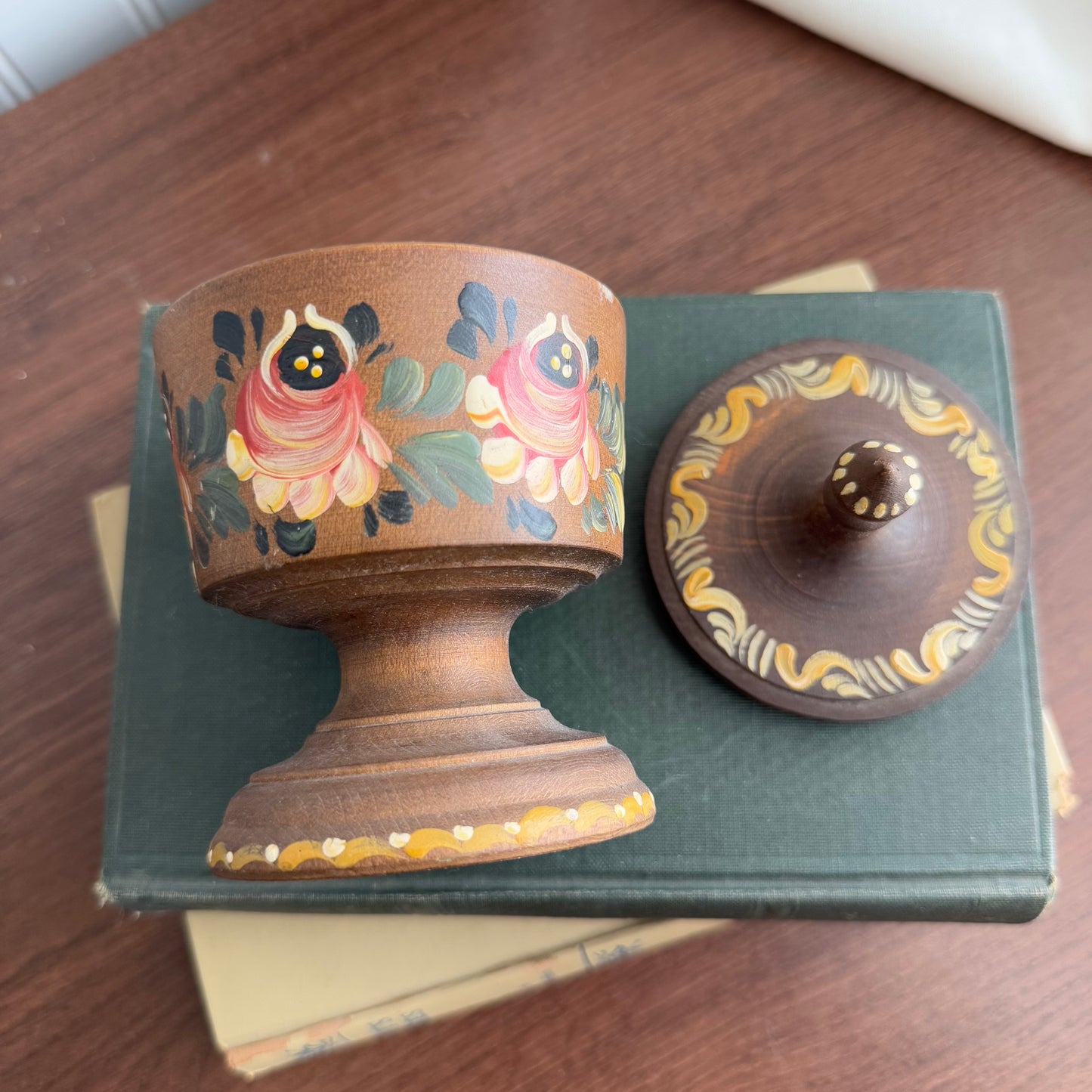 Wooden Hand painted pedestal bowl