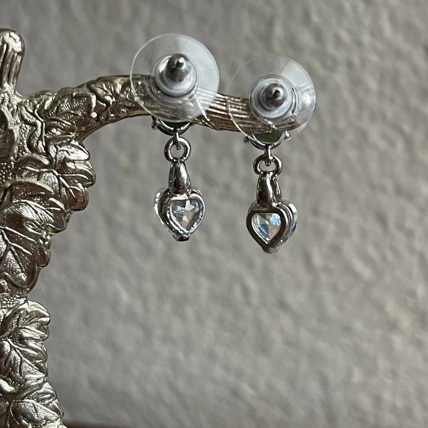 Silver tone genuine Jade heart crystal earrings
