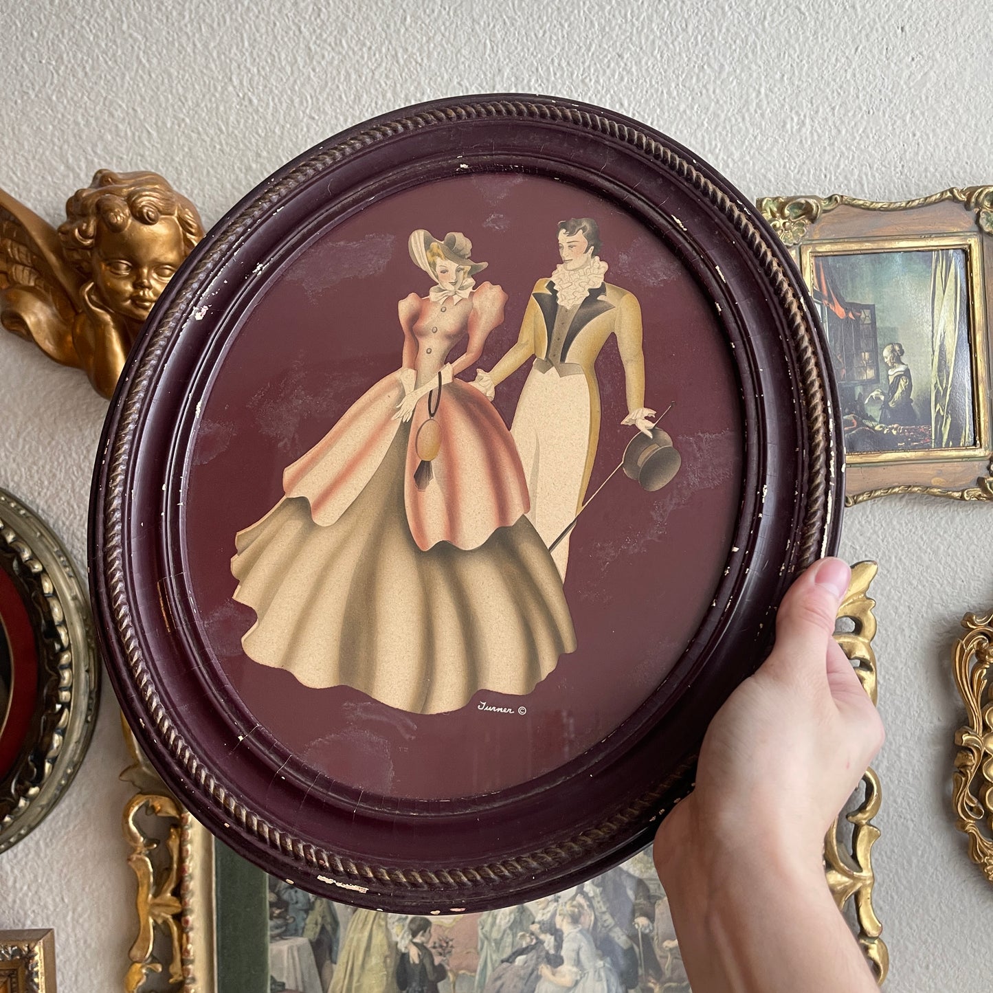 Vintage courting couple framed wood Oval