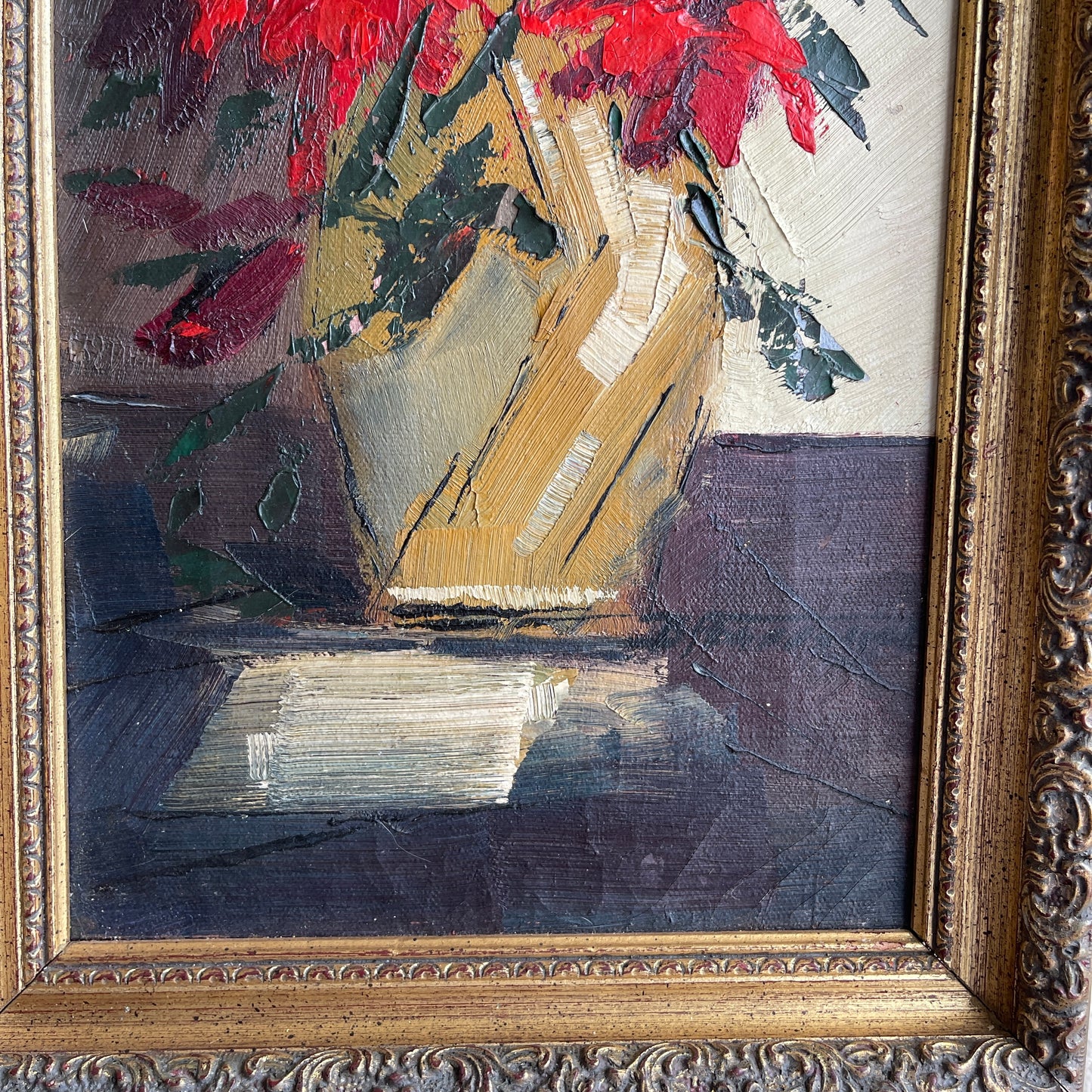 Vintage Red Poinsettia Flowers in Vase Painting Framed