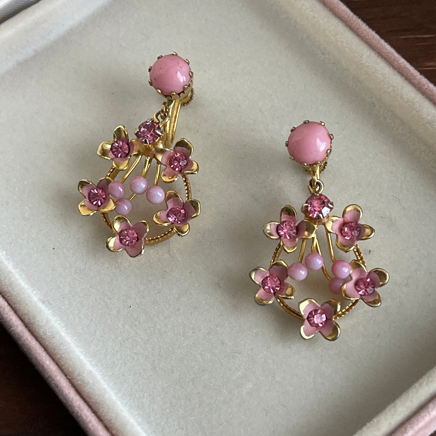 Vintage Pink floral and rhinestone screw back earrings