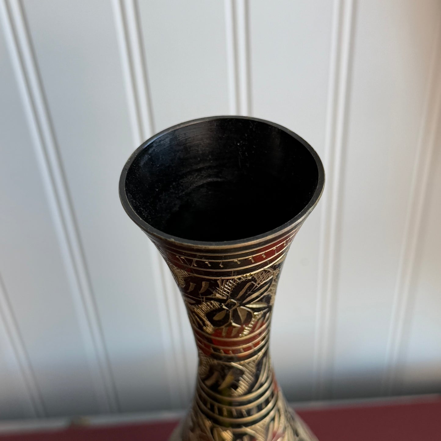 Brass vase with black etched details