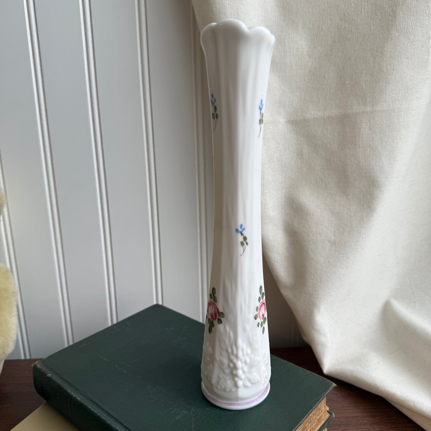 Vintage Westmoreland Handpainted Floral Swung Bud Vase Milk Glass USA