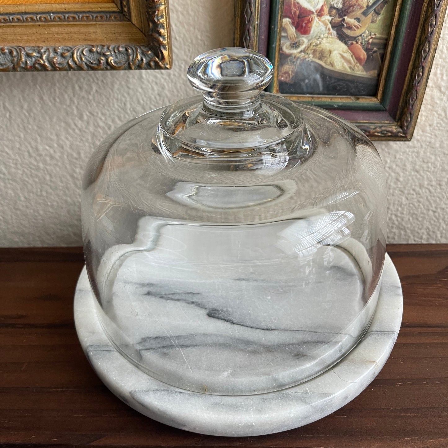 Vintage Gray/White Marble Cheese Board/Tray Clear Glass Dome