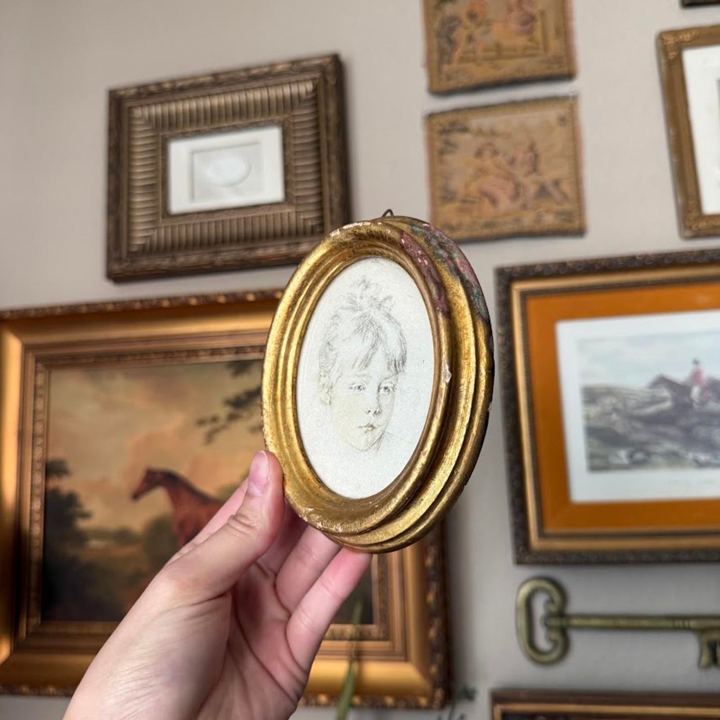 Vintage Small Oval Frame with Portrait Art