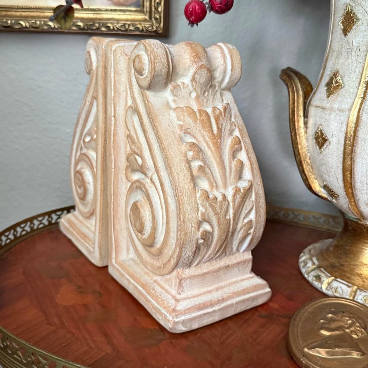 Vintage Pair of Ceramic Plaster Carved Bookends