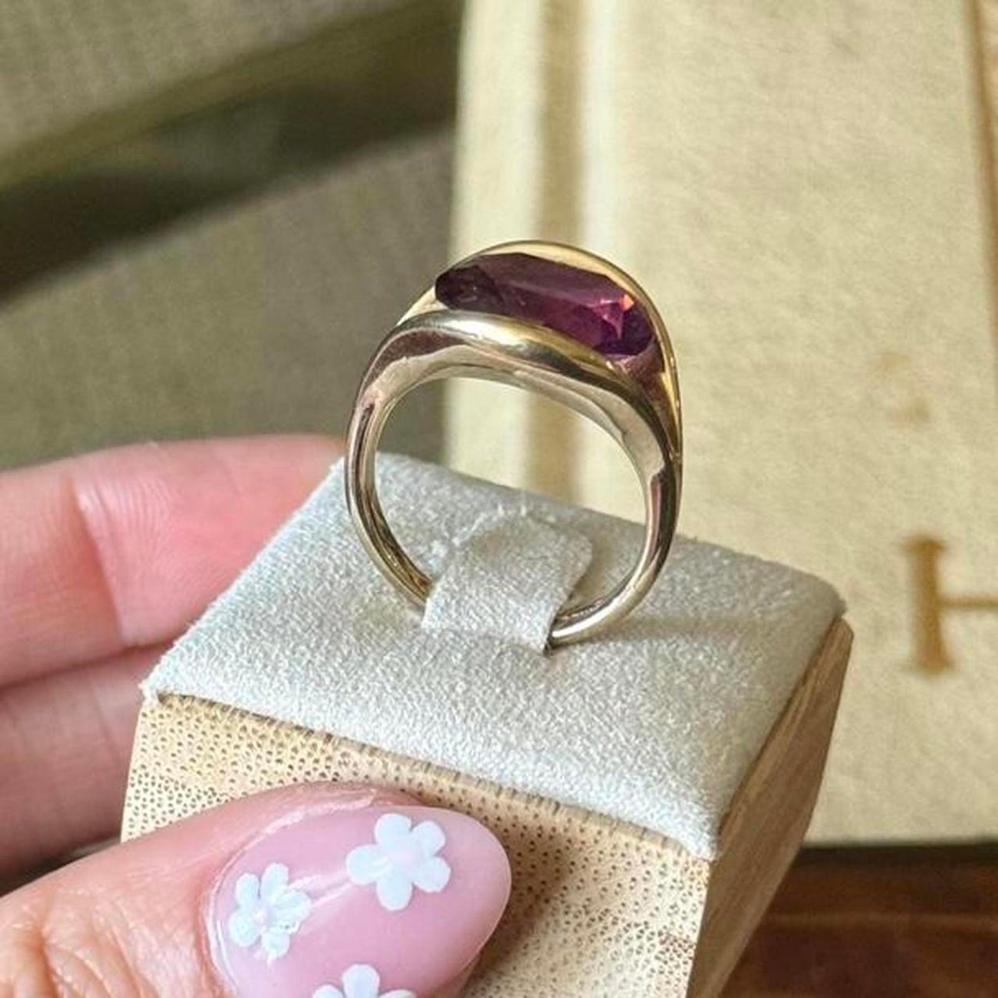 Vintage Gold Electroplated Purple Faux Glass Amethyst Ring