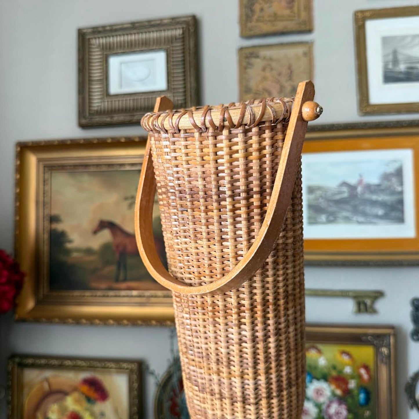 Vintage Tall Round Basket with Swing Handle