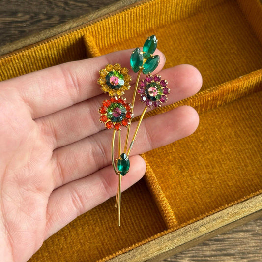 Vintage Rhinestone flower Bouquet brooch Multi Color