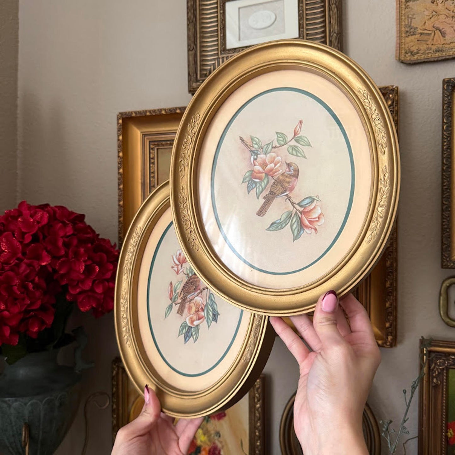 Vintage Home Interiors 1983 Birds Floral Print Gold Framed Oval Set
