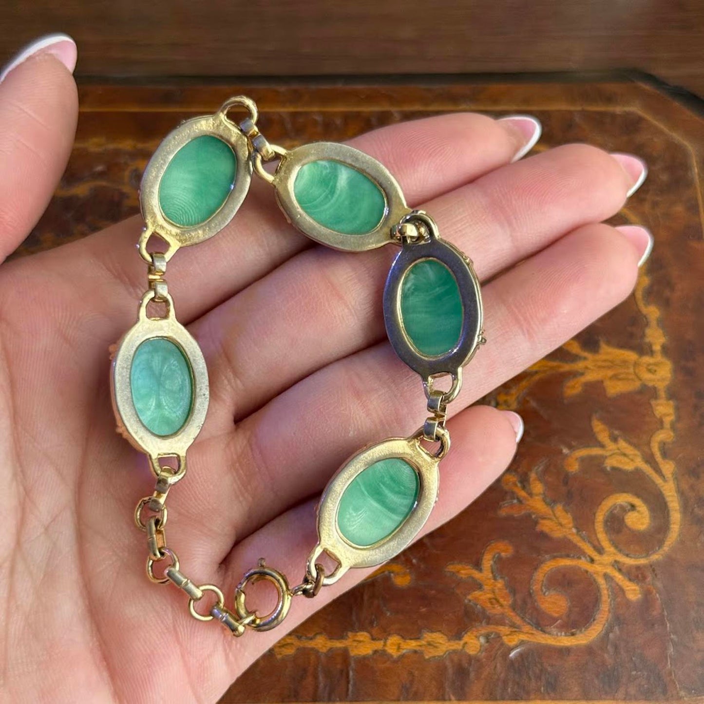 Vintage Mid Century Gold Tone Faux Scarab Bracelet