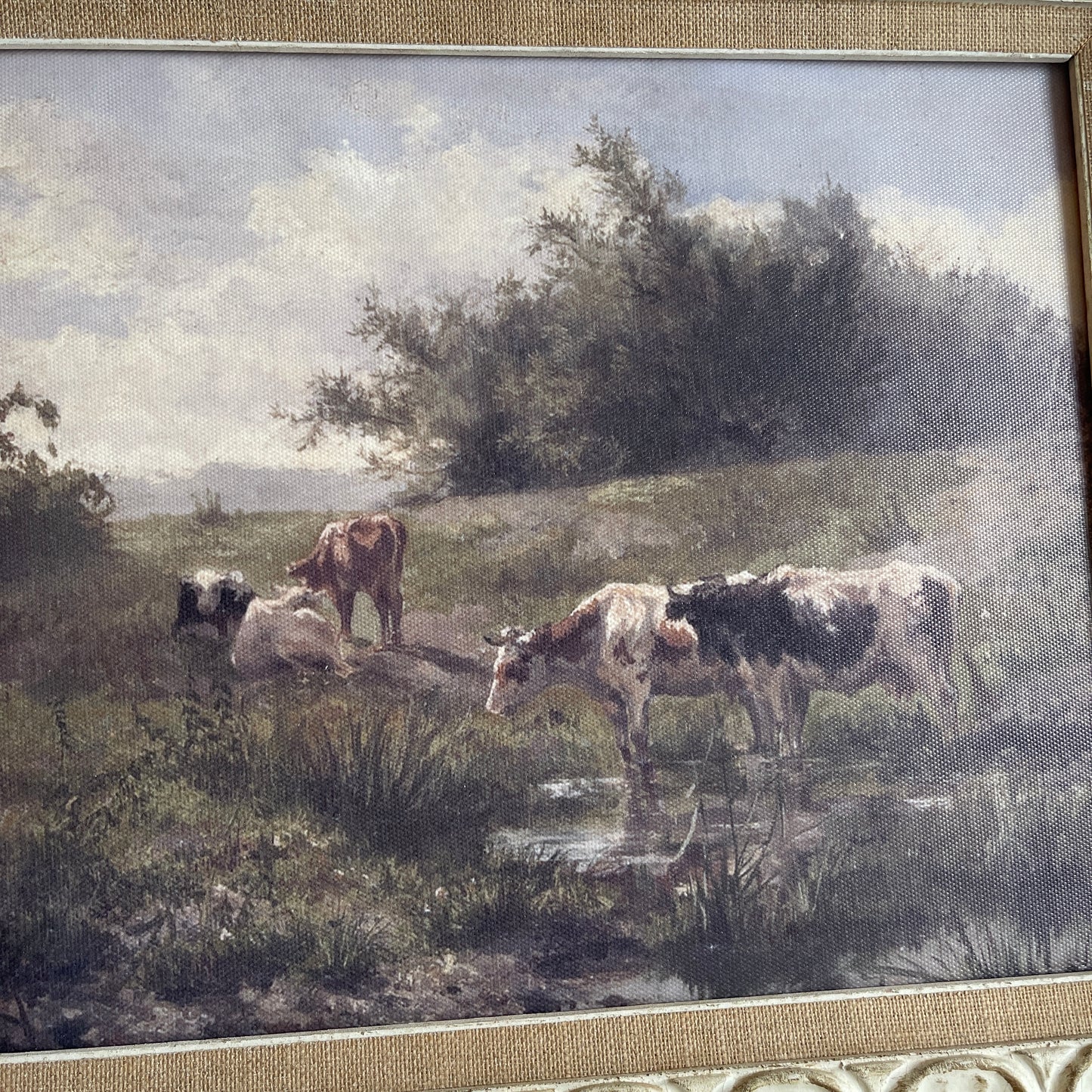 Vintage style wooden Cow scenery landscape art Print