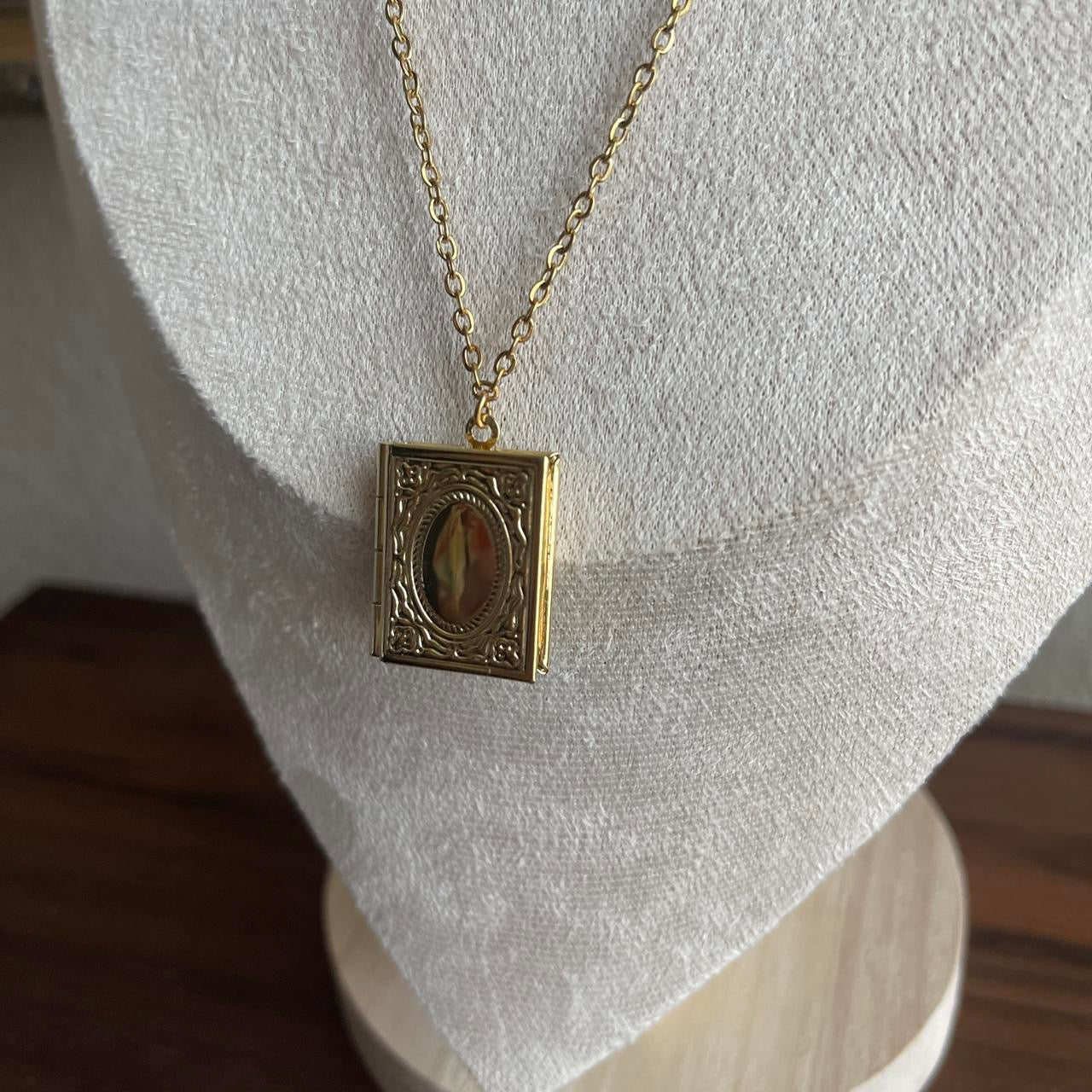 Vintage style gold tone book locket necklace