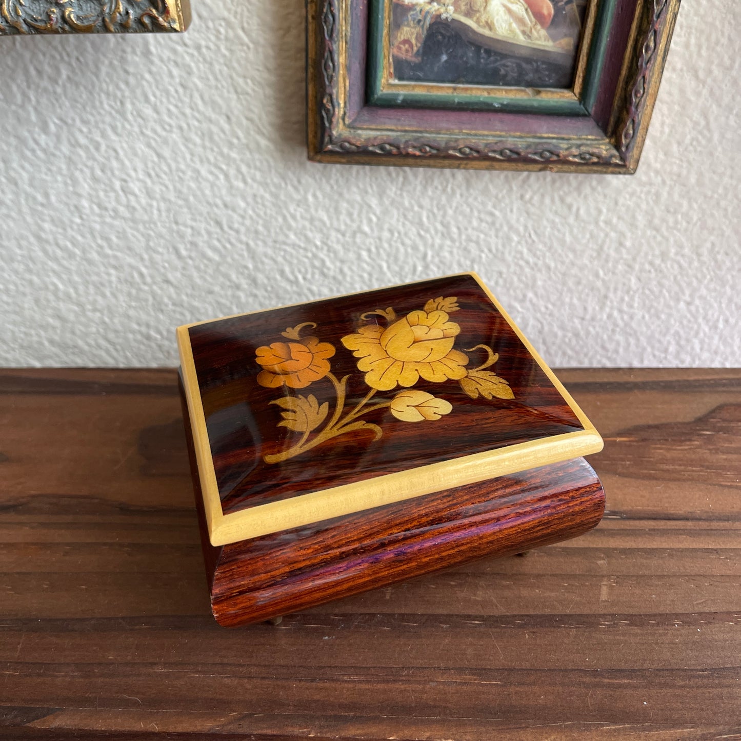 Vintage San Francisco Music Box Co Wood Box Floral Hinged Cover