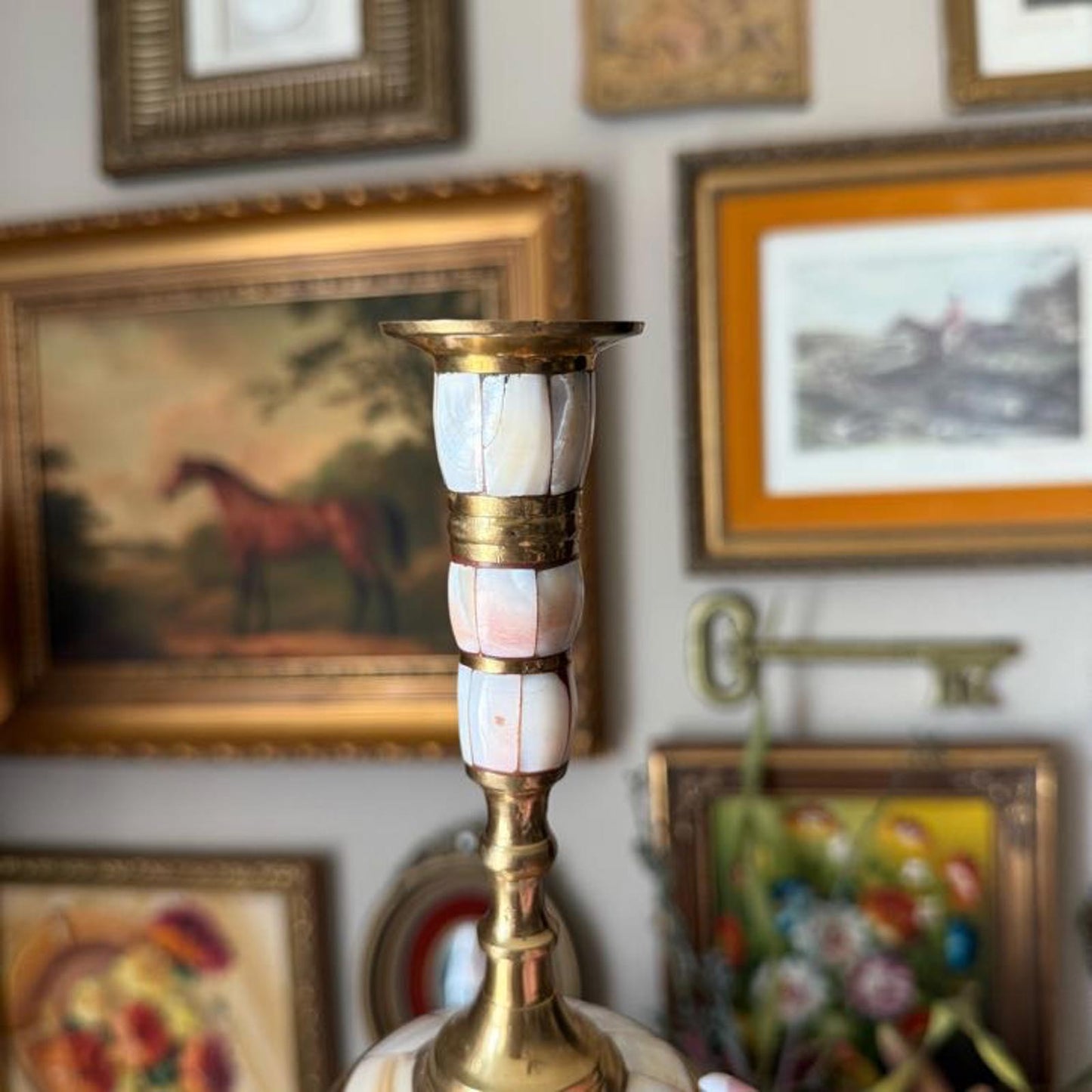 Vintage Mother of Pearl and Brass Candle Holder