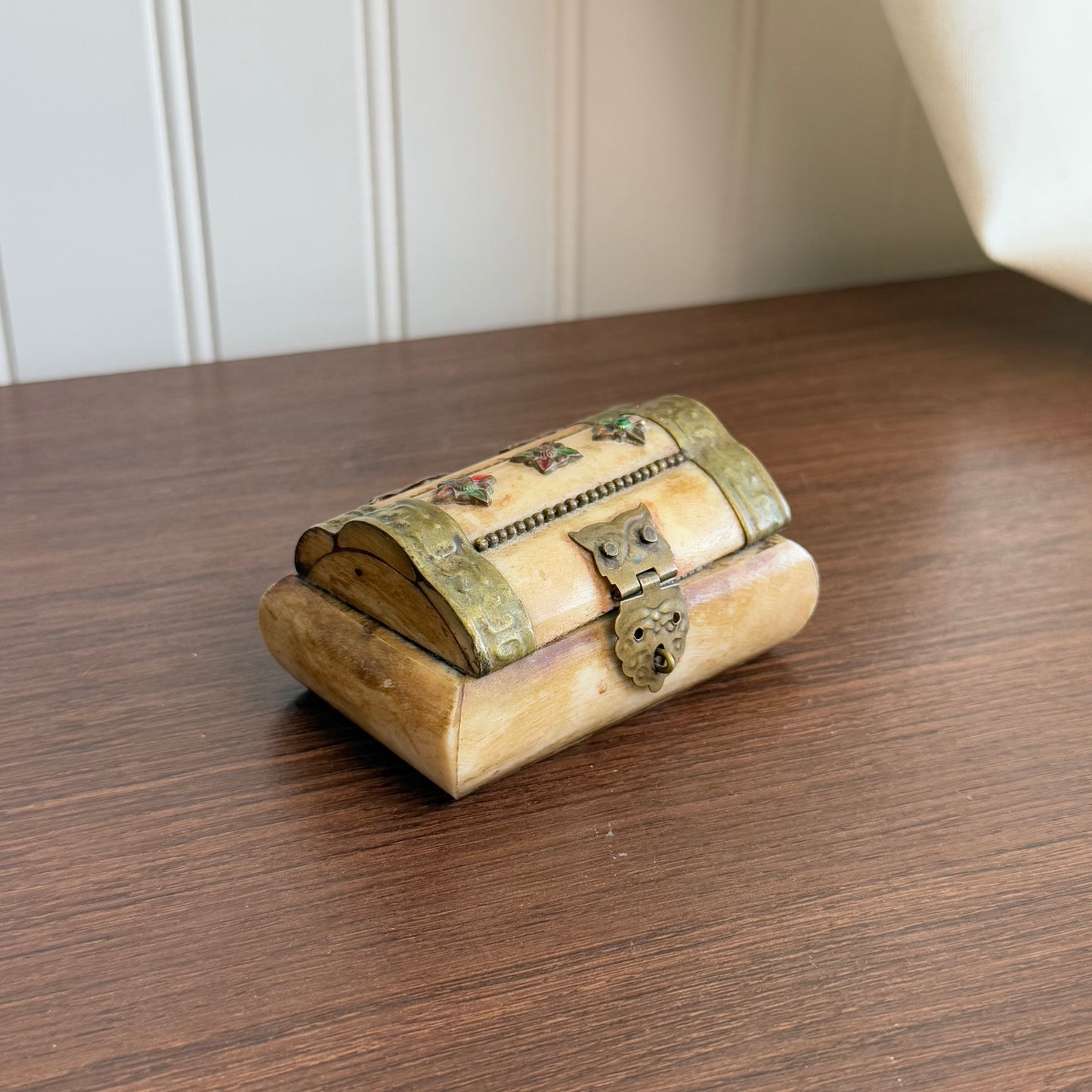 Vintage Bone Brass Trinket Box with Velvet Lined inside