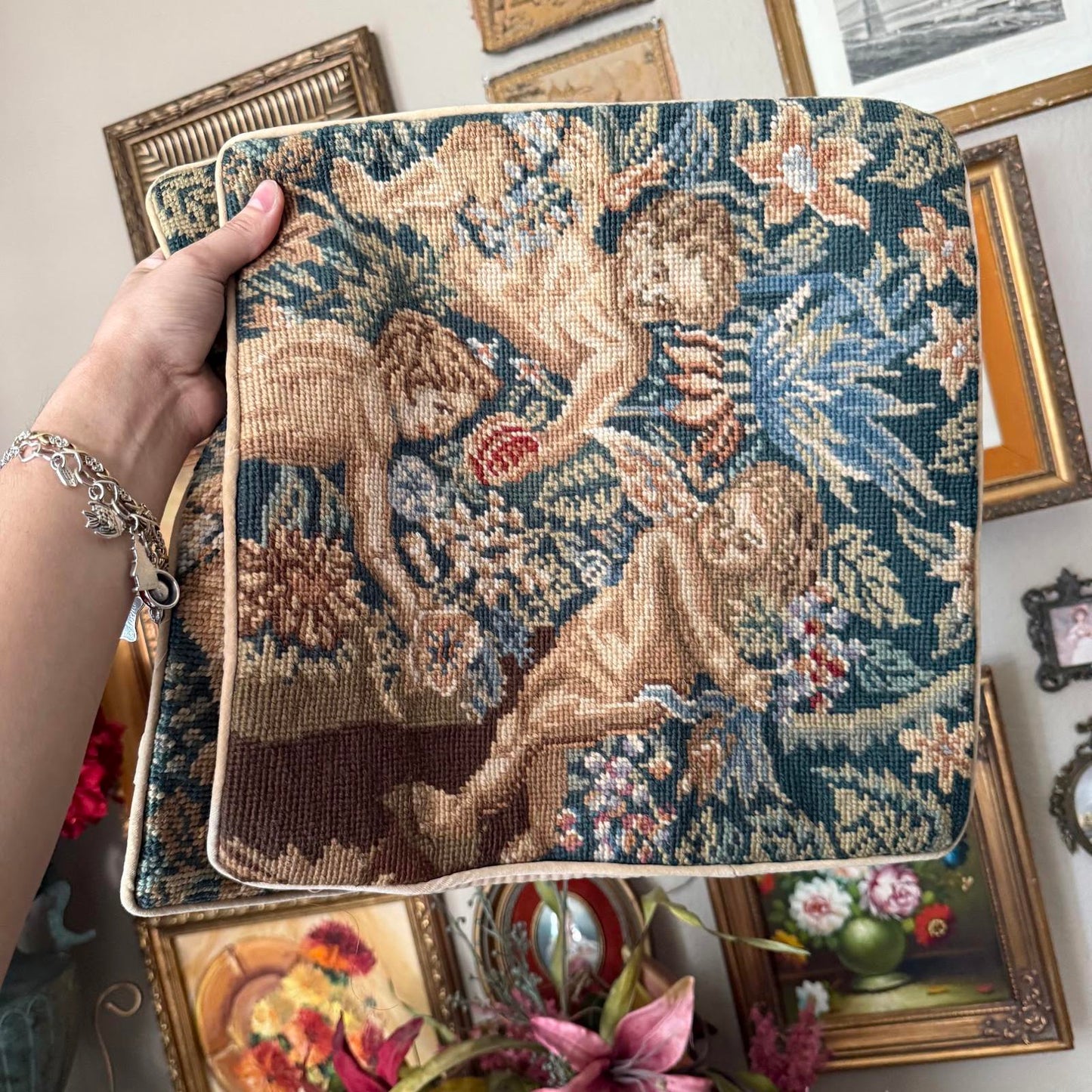 Vintage Needlepoint Cherub Pillowcase