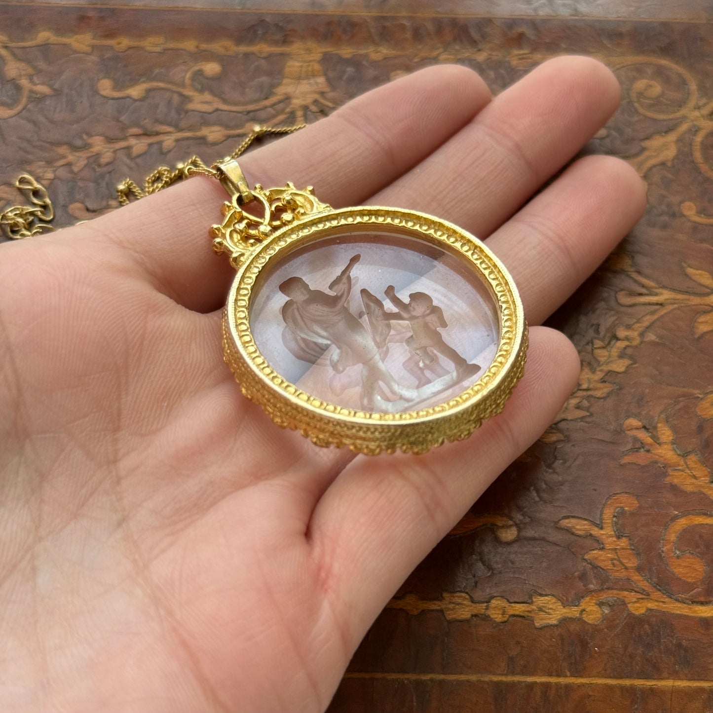 Vintage Glass Intaglio Cherub Necklace Gold Tone