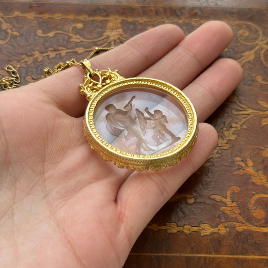 Vintage Glass Intaglio Cherub Necklace Gold Tone