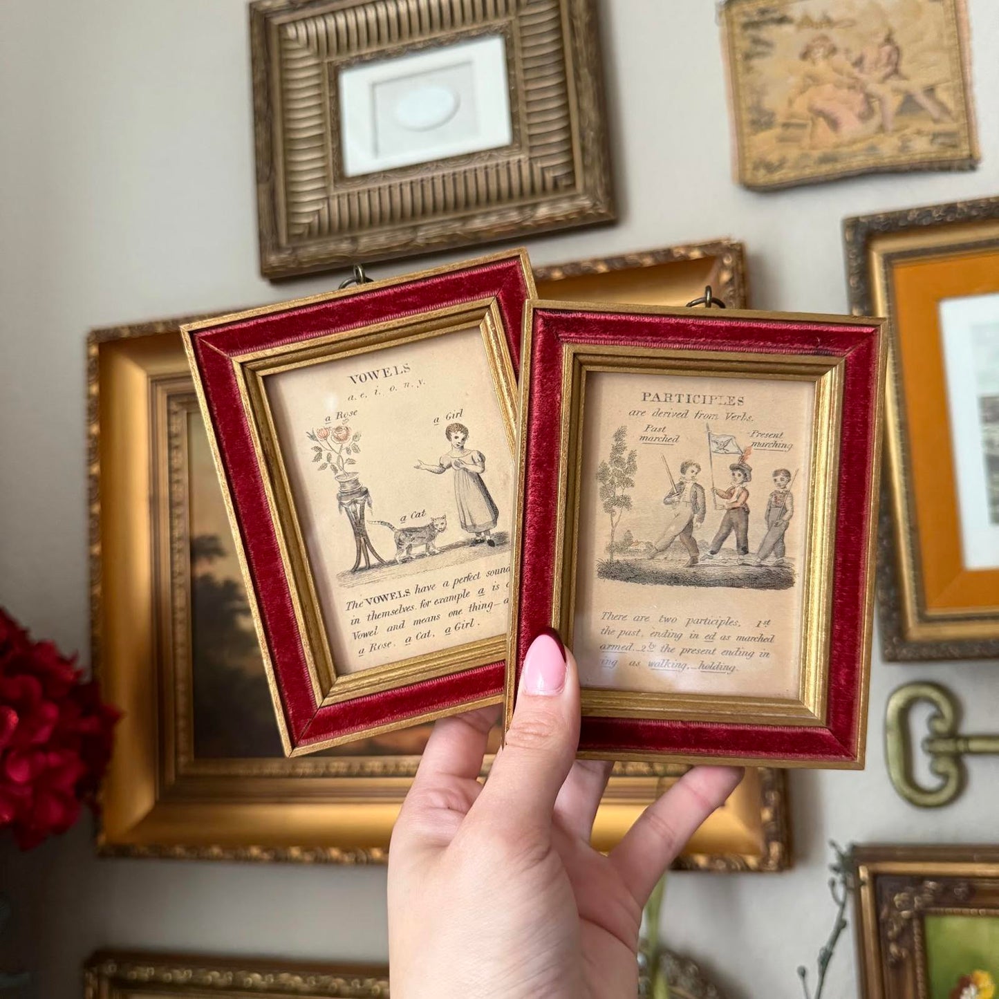 Antique 1800s Framed English Grammar Teaching Prints Velvet Art Wall Decor Set