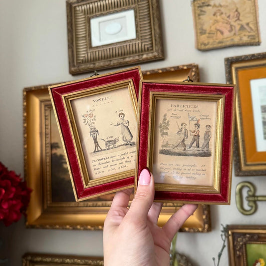 Antique 1800s Framed English Grammar Teaching Prints Velvet Art Wall Decor Set