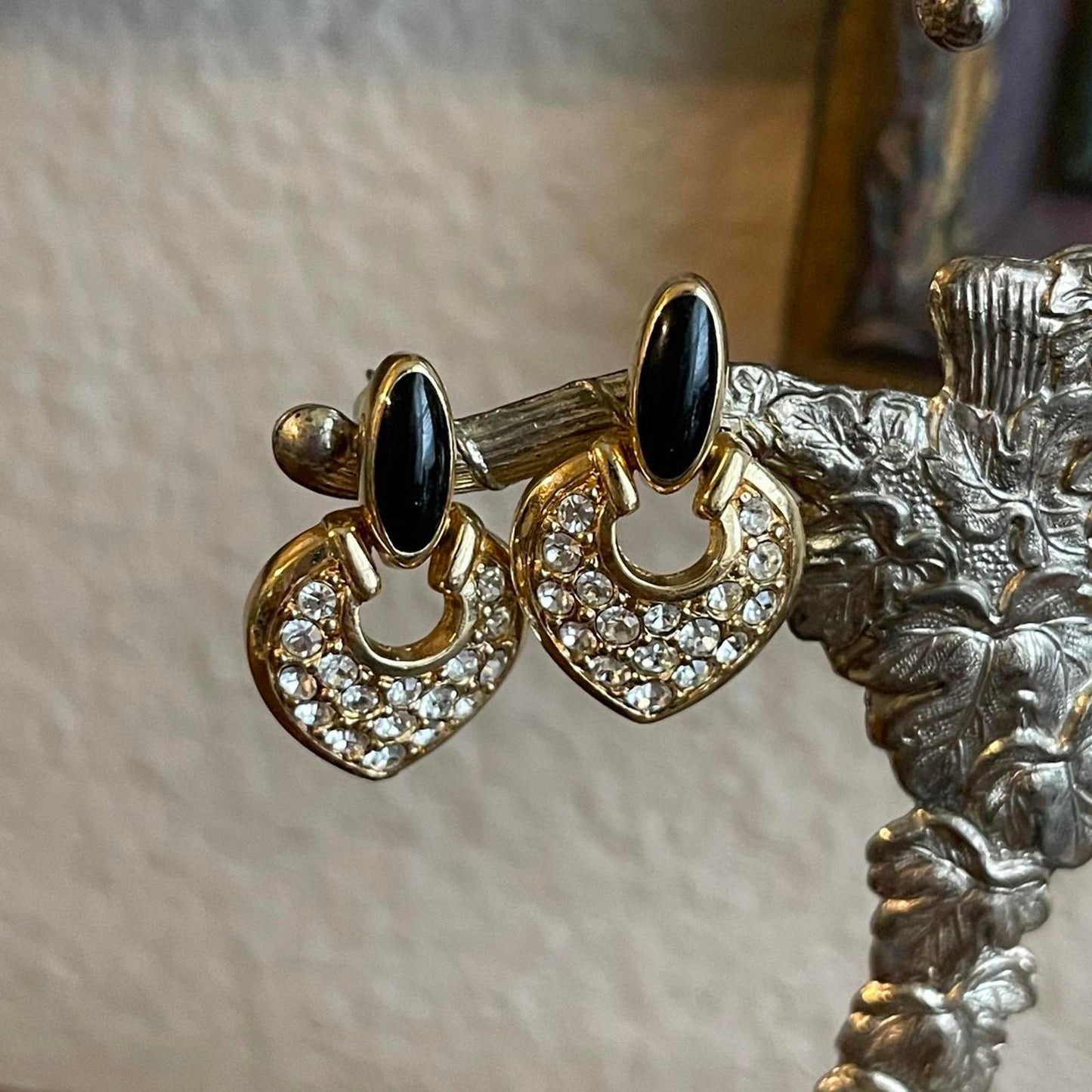 Swarovski Swan Heart Earrings Signed Crystal Pave Black Enamel Pierced Dangle
