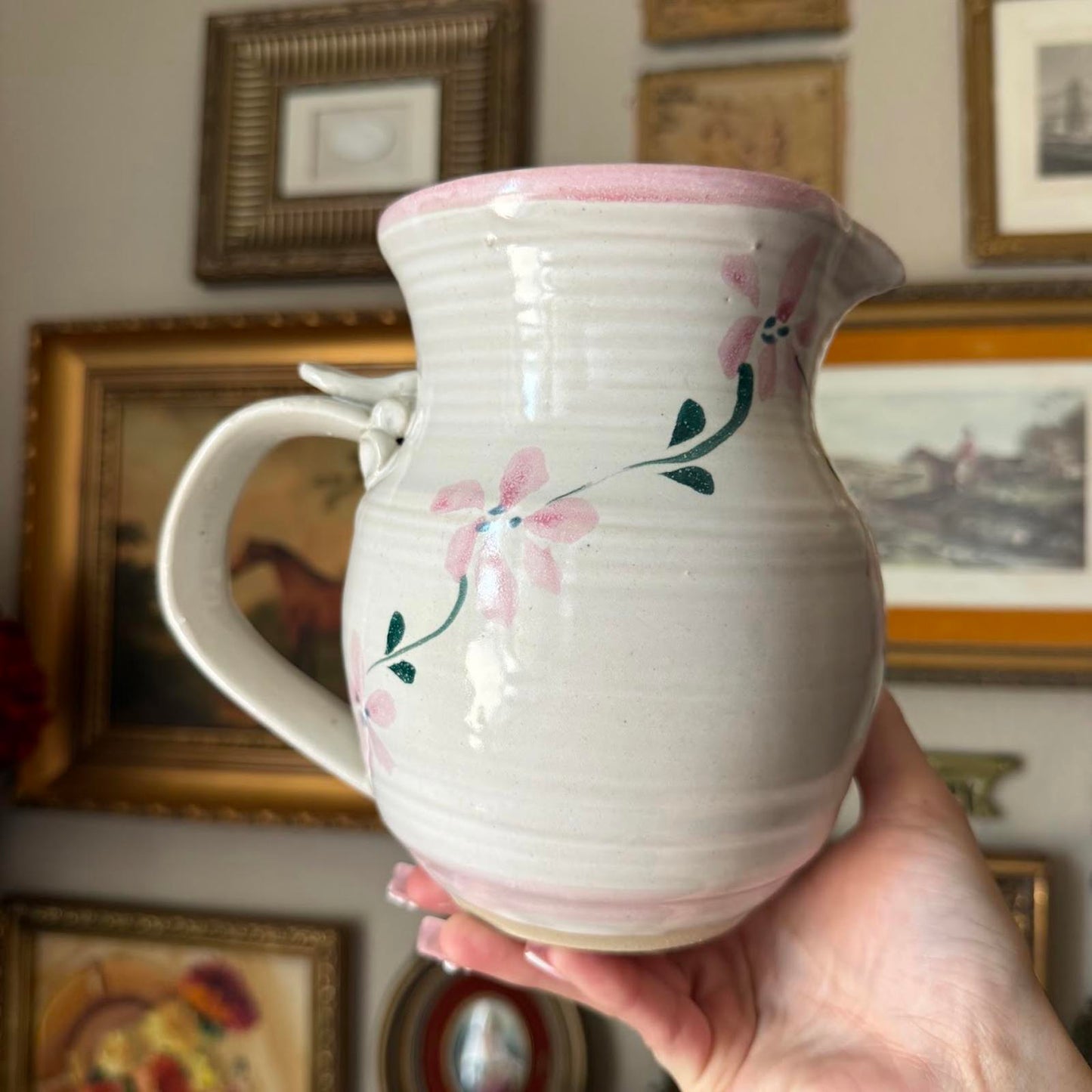 Hand-Painted Vintage Pottery Pitcher with Pink Flowers