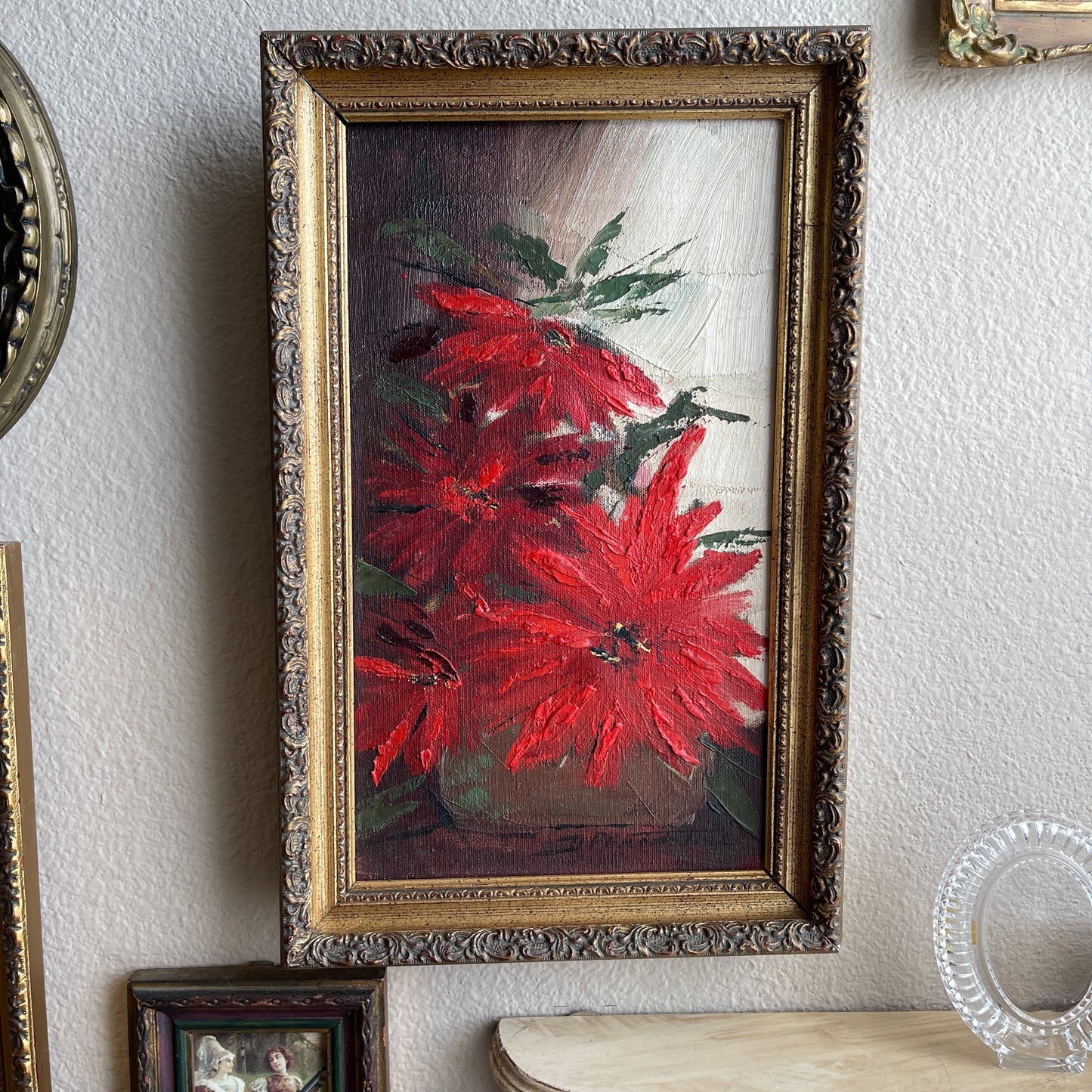 Vintage Red Poinsettia Flower Painting Framed