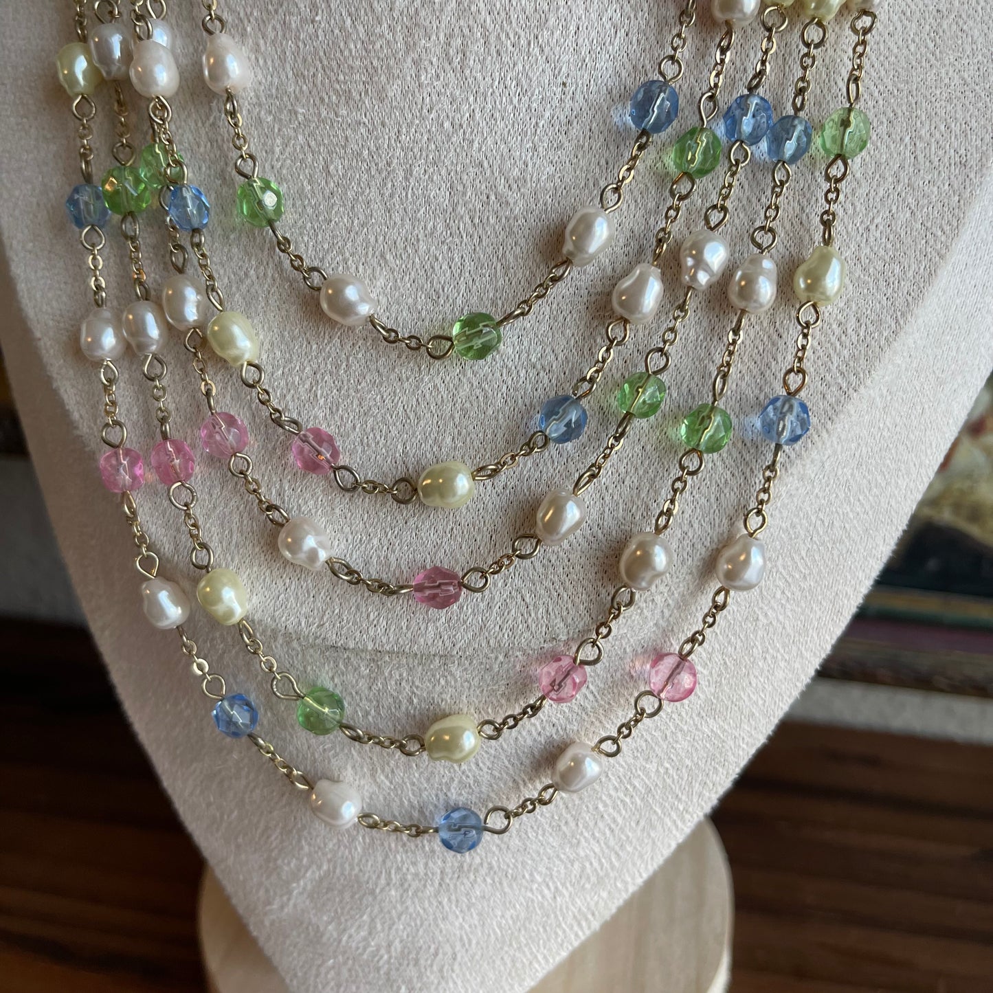 Vintage multi strand faux pearl and pastel bead necklace