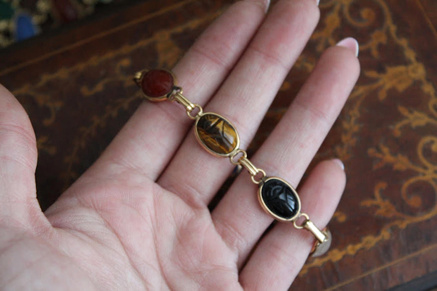 Vintage Mid Century Gold Tone Carved Gemstone Scarab Bracelet