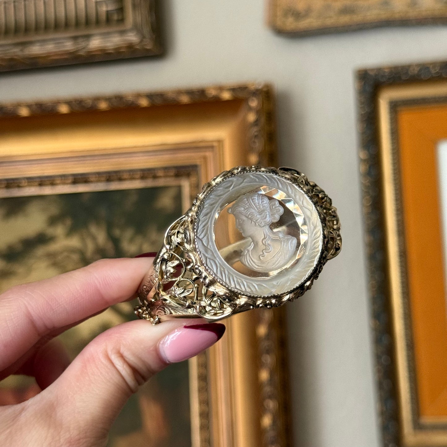 Vintage Whiting and Davis Glass Cameo Portrait Intaglio Bracelet Cuff