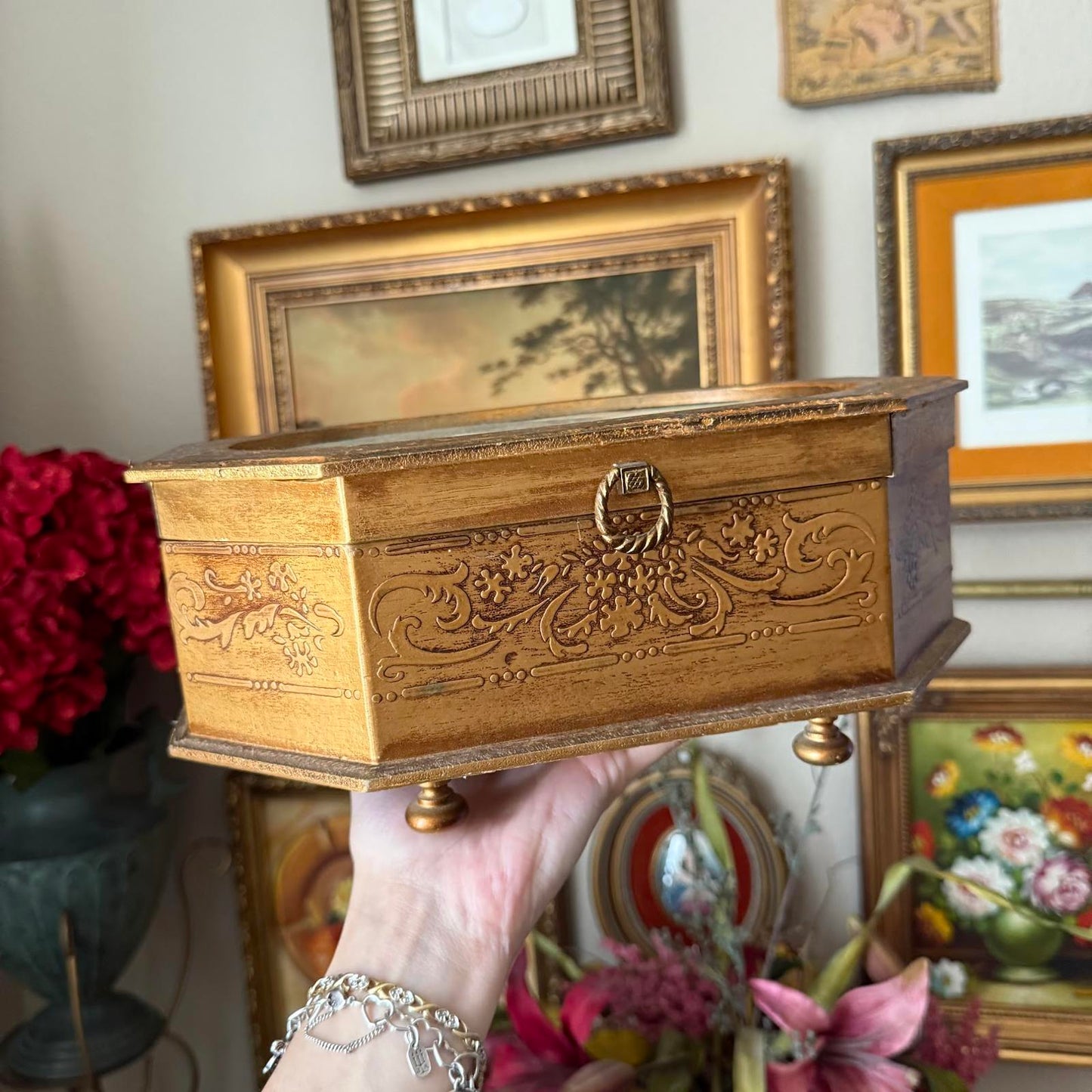 Vintage Large Gold Victorian Girl Reading a Book Music Jewelry Box
