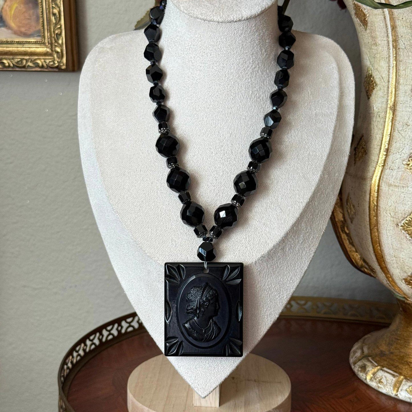 Vintage Carved Ebony Lucite Cameo Pendant black mourning cameo necklace