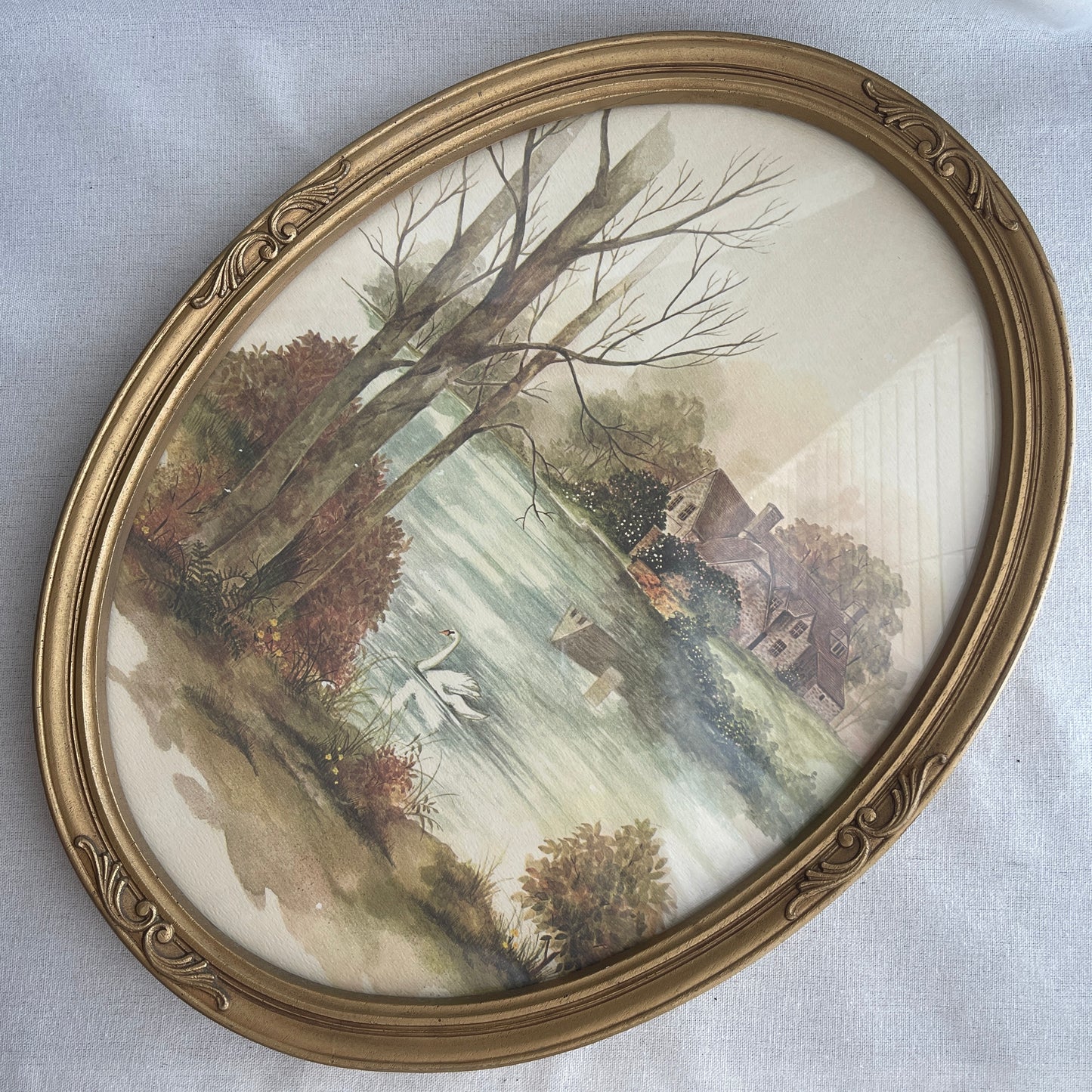 Vintage Oval Landscape swan scenery print Framed