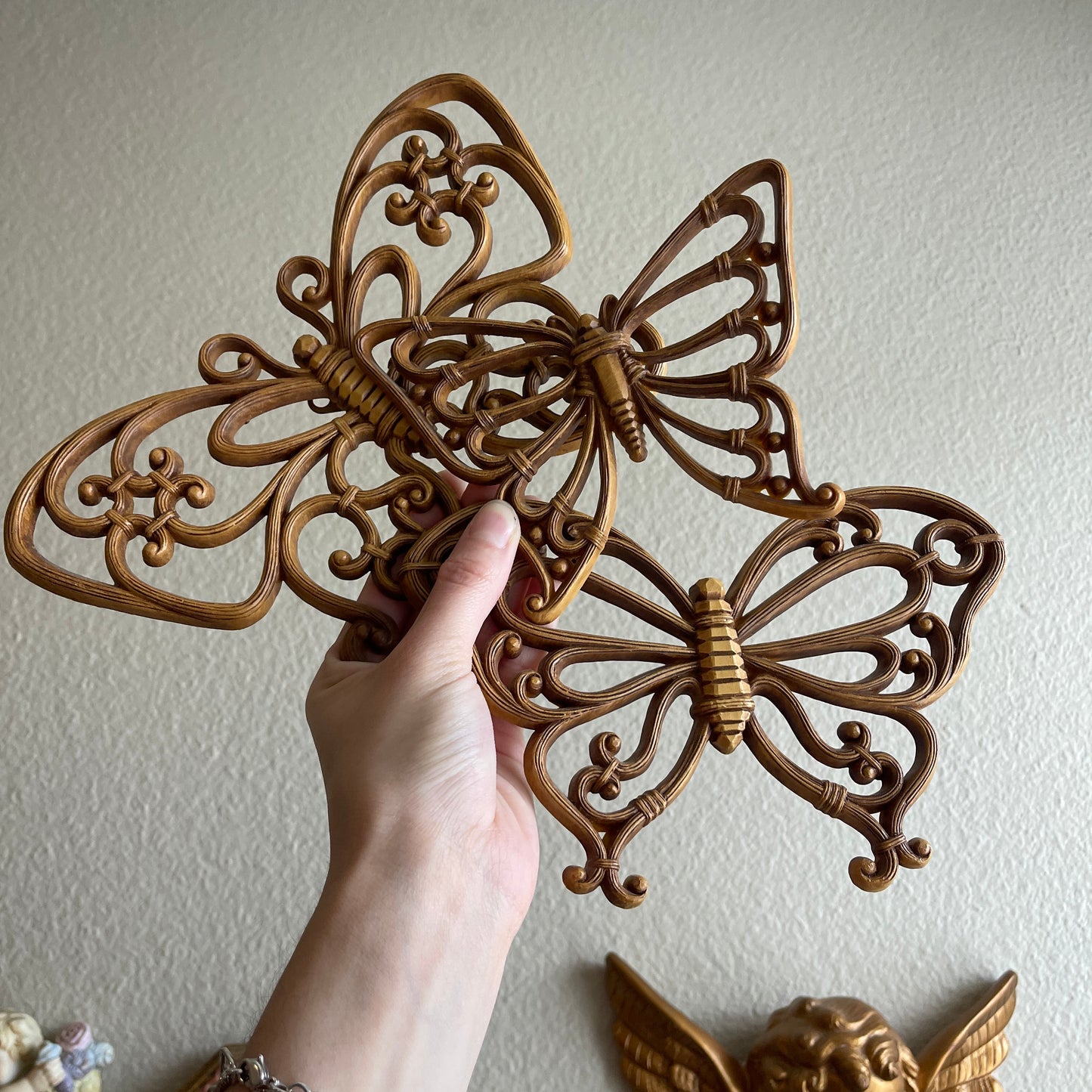 Vintage set of 3 faux rattan butterflies