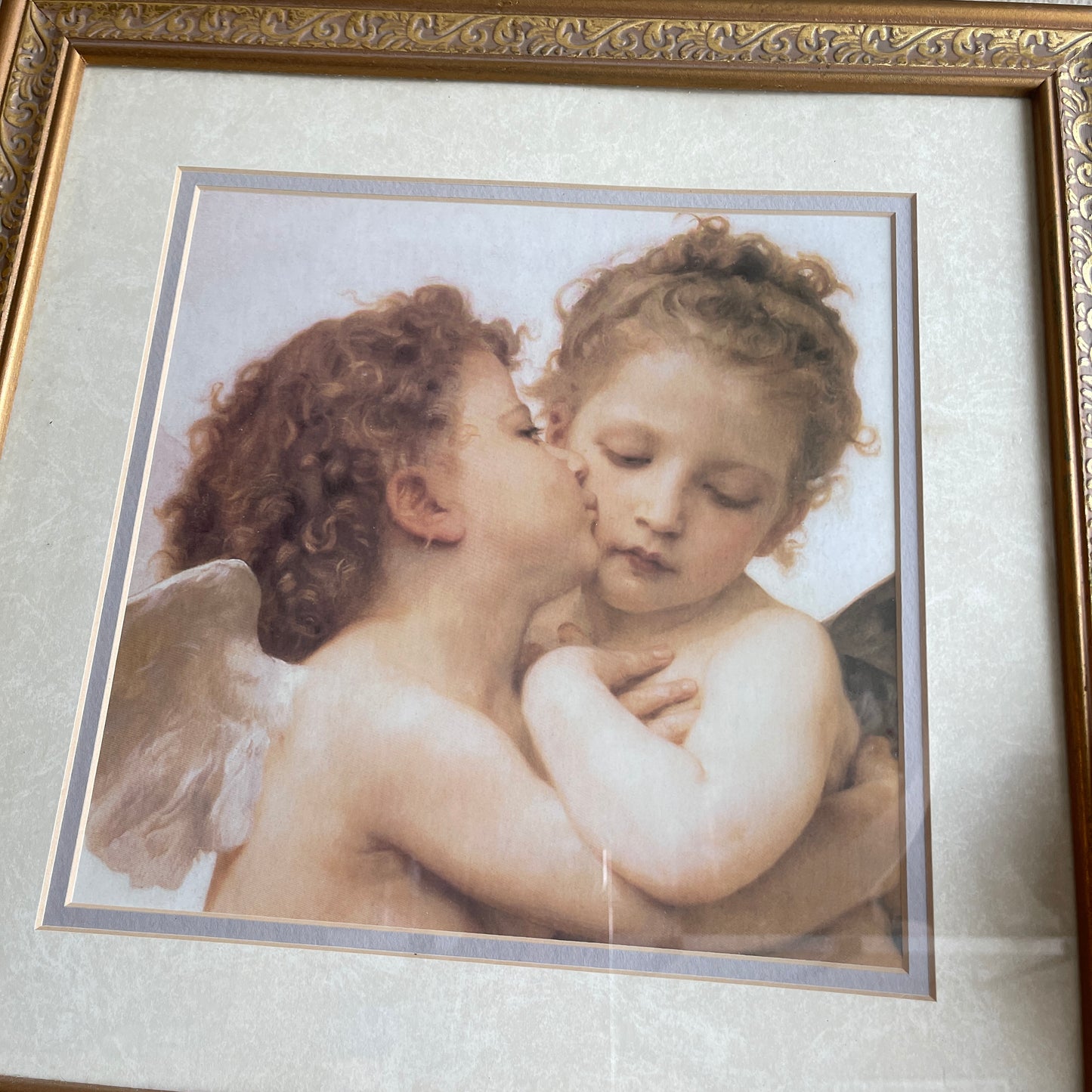 First Kiss by William Bouguereau Cherub/Butterfly Matted Art Print In Gold Frame