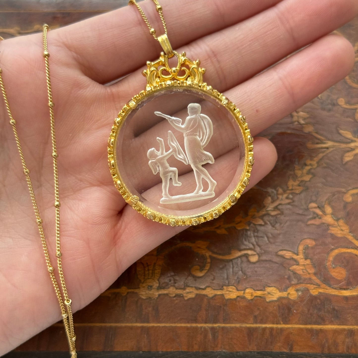 Vintage Glass Intaglio Cherub Necklace Gold Tone