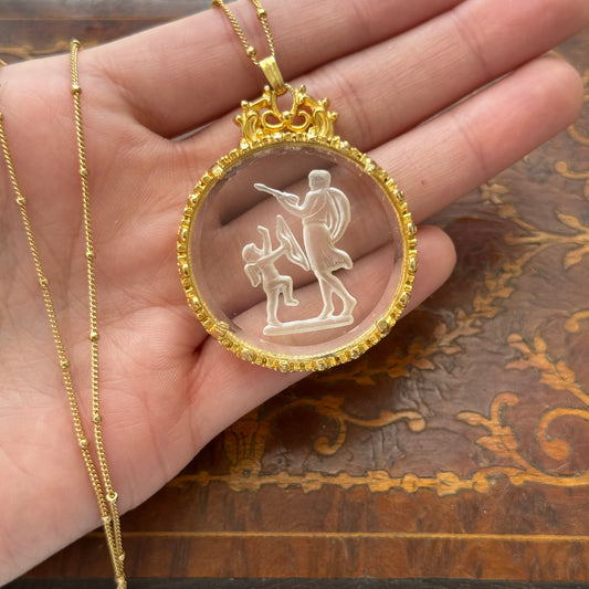 Vintage Glass Intaglio Cherub Necklace Gold Tone