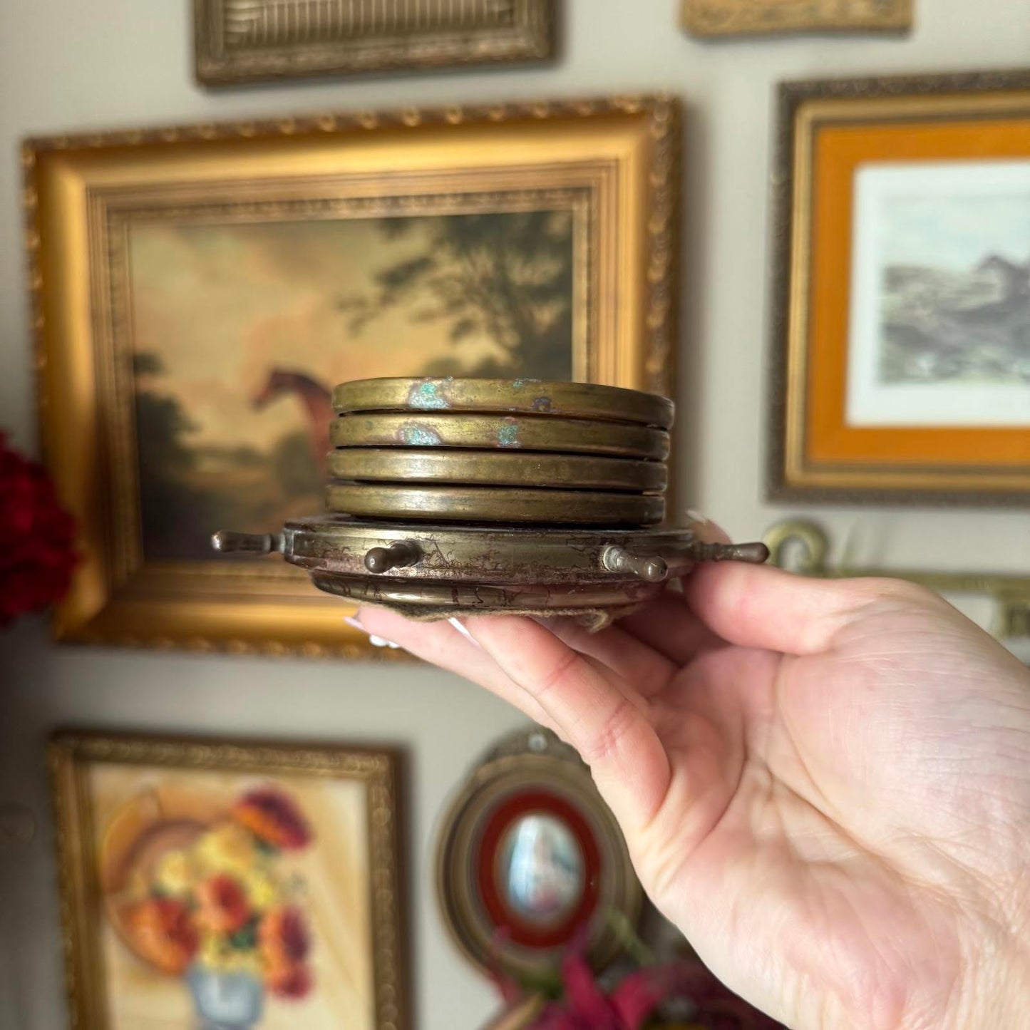Vintage Ship Steering Wheel Amber Glass Coasters