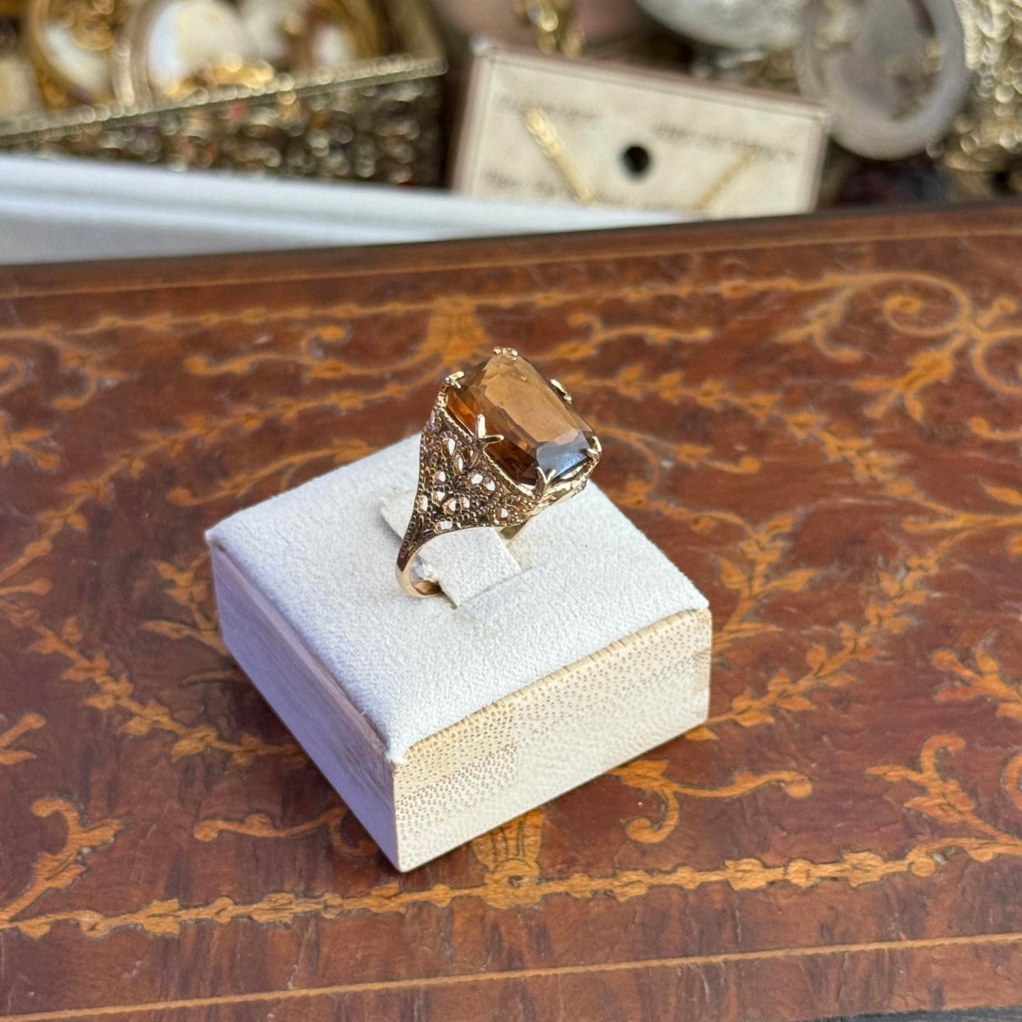 Vintage Style 14kt GE Gold Electroplated Orange Glass stone Ring