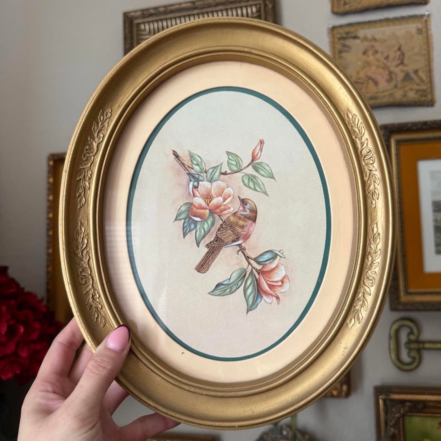Vintage Home Interiors 1983 Birds Floral Print Gold Framed Oval Set