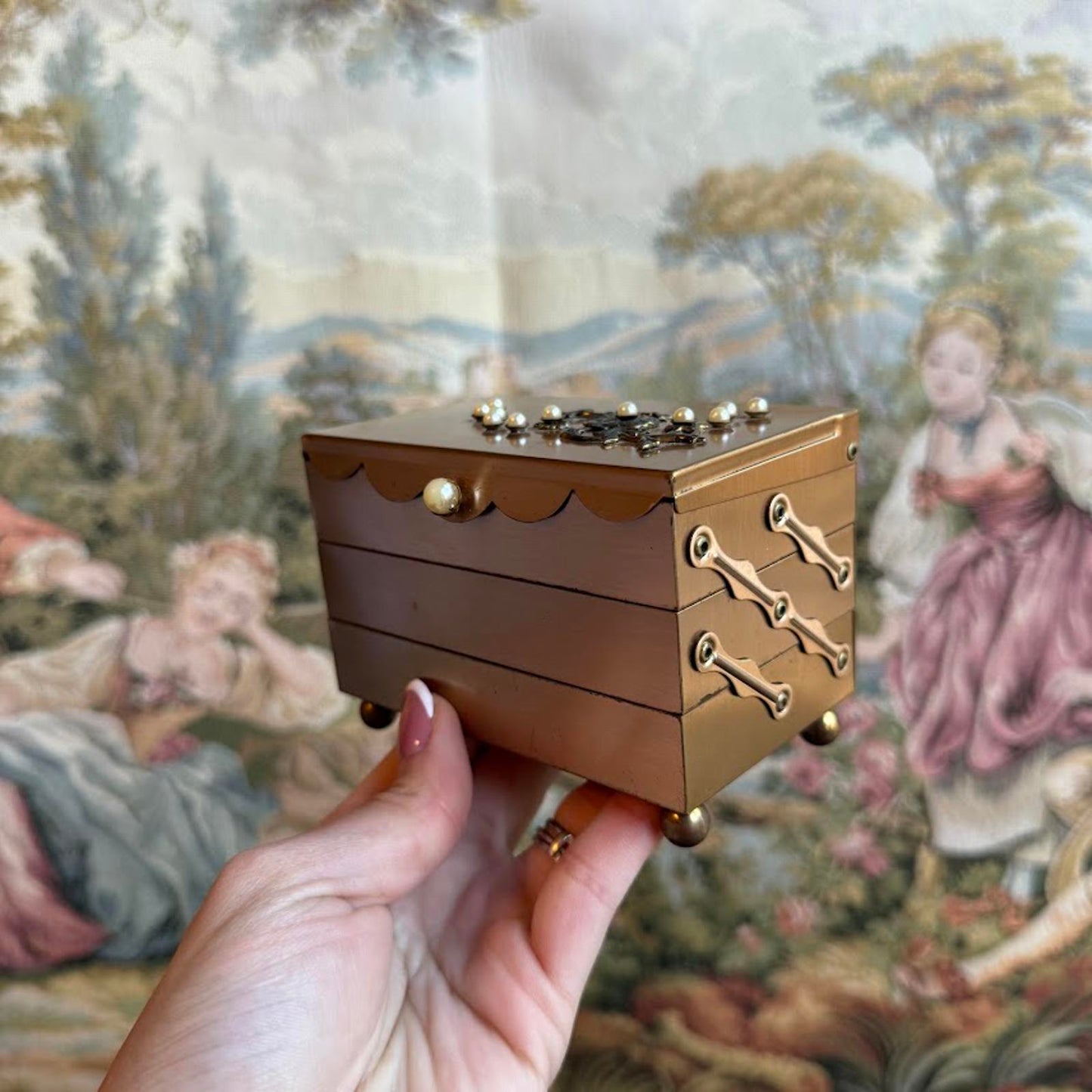 Vintage Pearl Accent Jewelry Box with tiered Interior