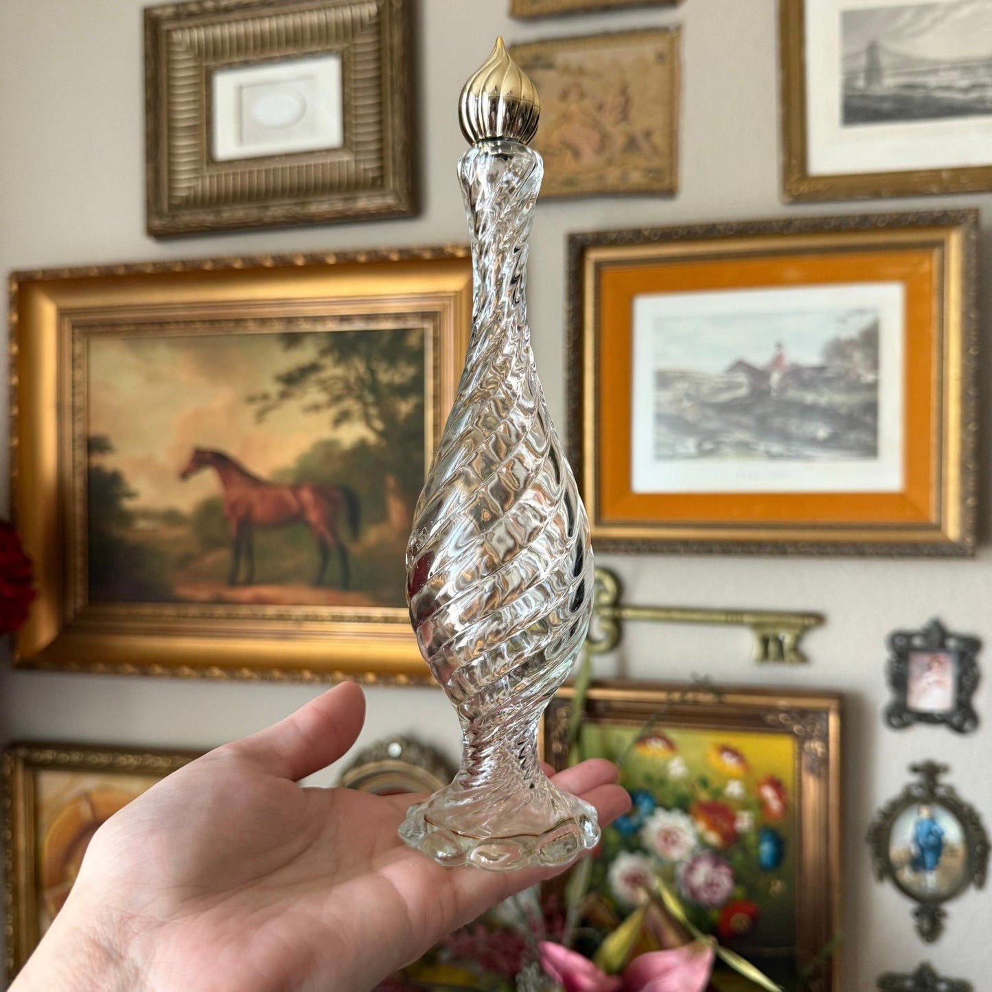 Vintage Clear Glass Swirl Pattern Perfume Bottle with Gold Lid