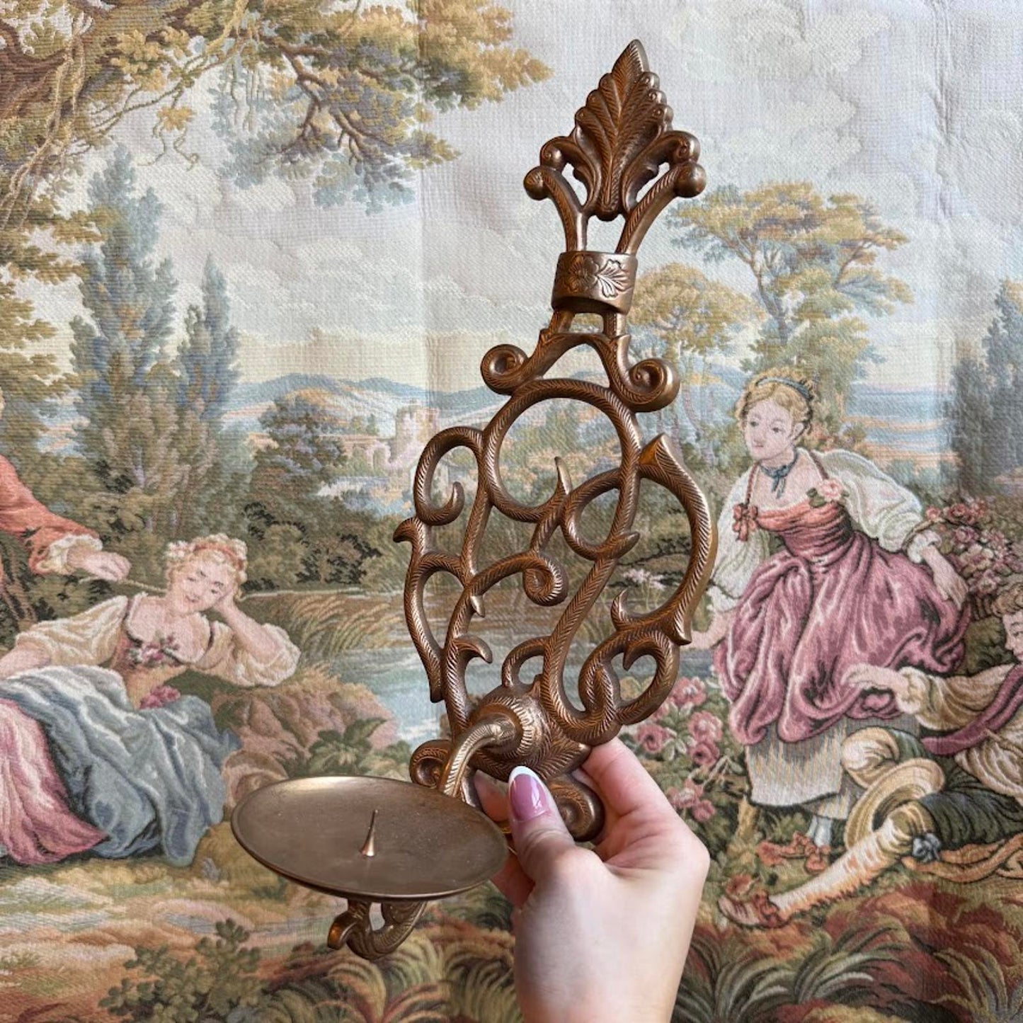 Vintage Ornate Brass Metal Wall Mounted Candle Sconce set