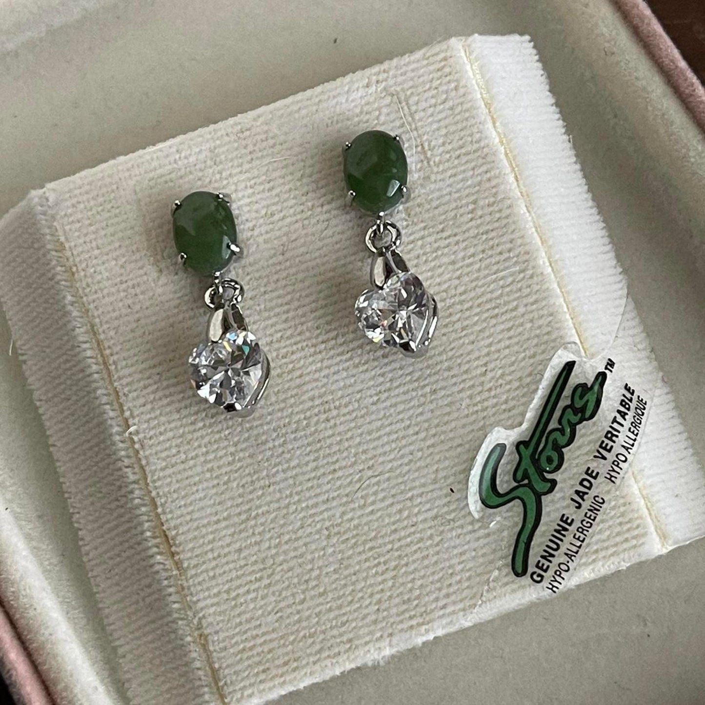 Silver tone genuine Jade heart crystal earrings
