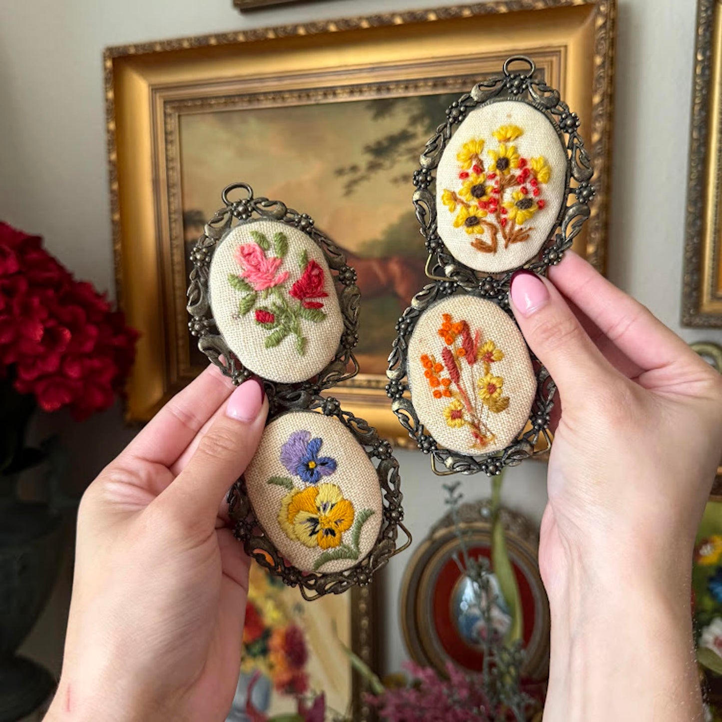 Vintage Oval Floral Embroidery in Orange Metal Frame