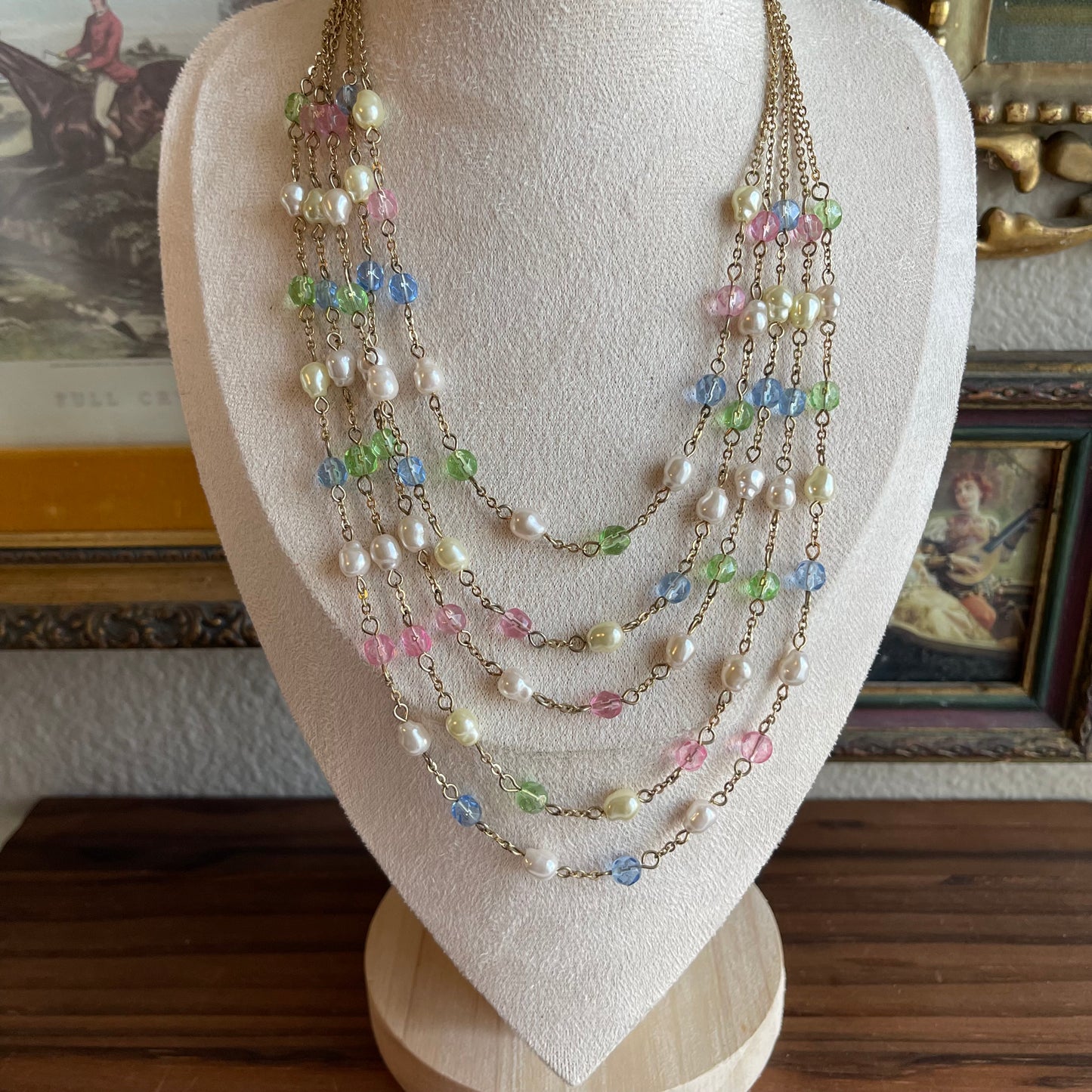 Vintage multi strand faux pearl and pastel bead necklace