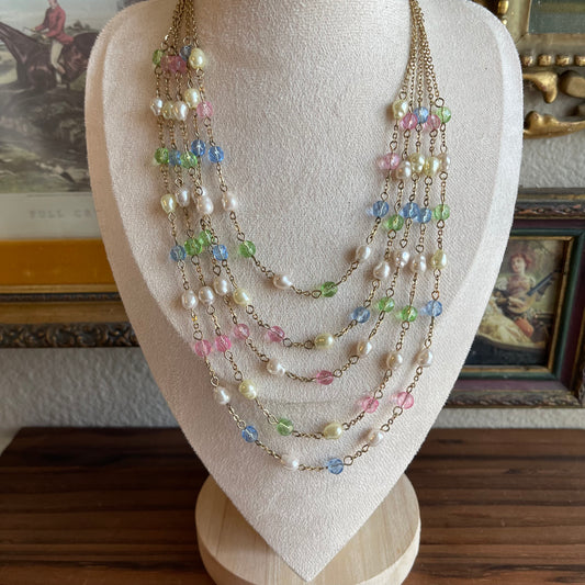 Vintage multi strand faux pearl and pastel bead necklace