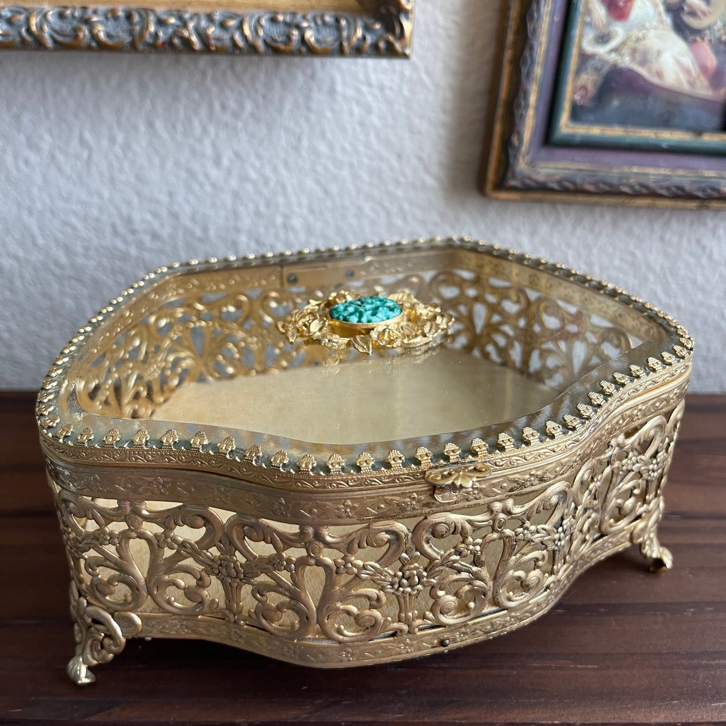 Art Nouveau Gold Gilded Glass Display Jewelry Chests Curio vanity trinket box